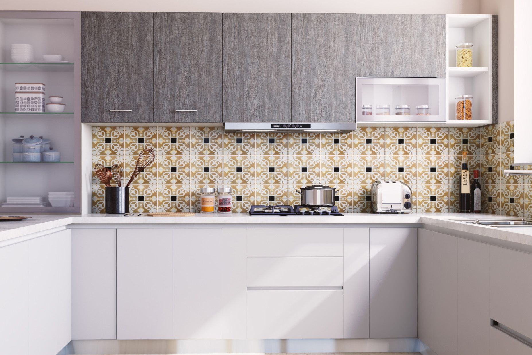 Porcelain Multicoloured Matte Kitchen Tile Design | Livspace