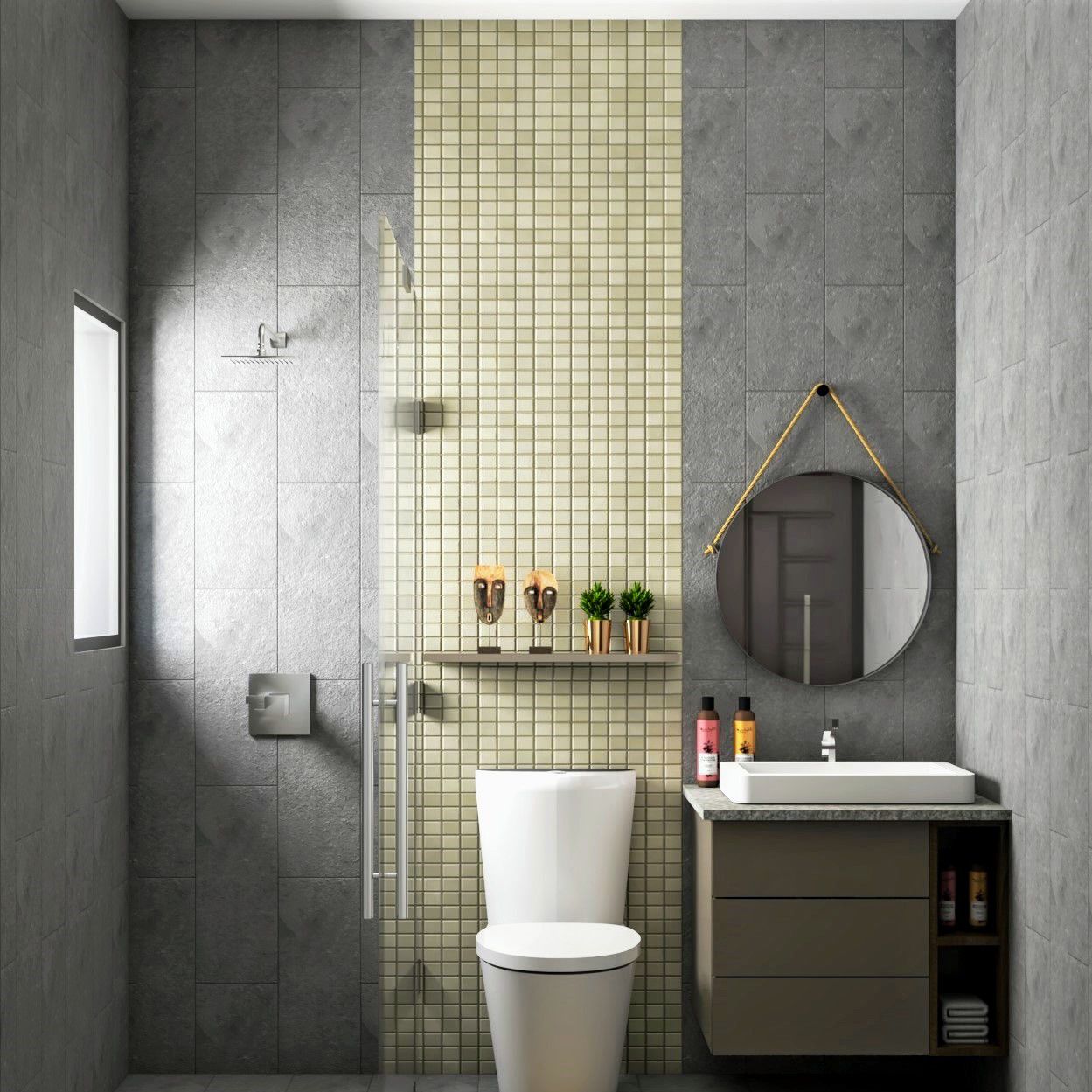 Contemporary Stepladder And Checkerboard Porcelain Bathroom Tile Design In Grey And Green