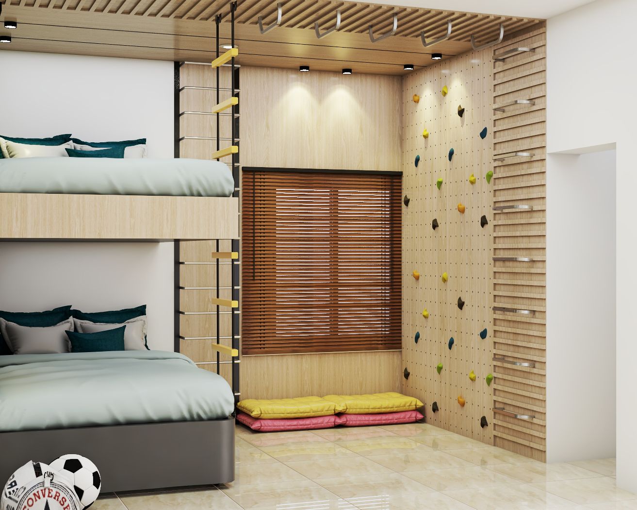 Contemporary Wall Climbing Wall Design With Wooden Panelling And Colourful Handholds