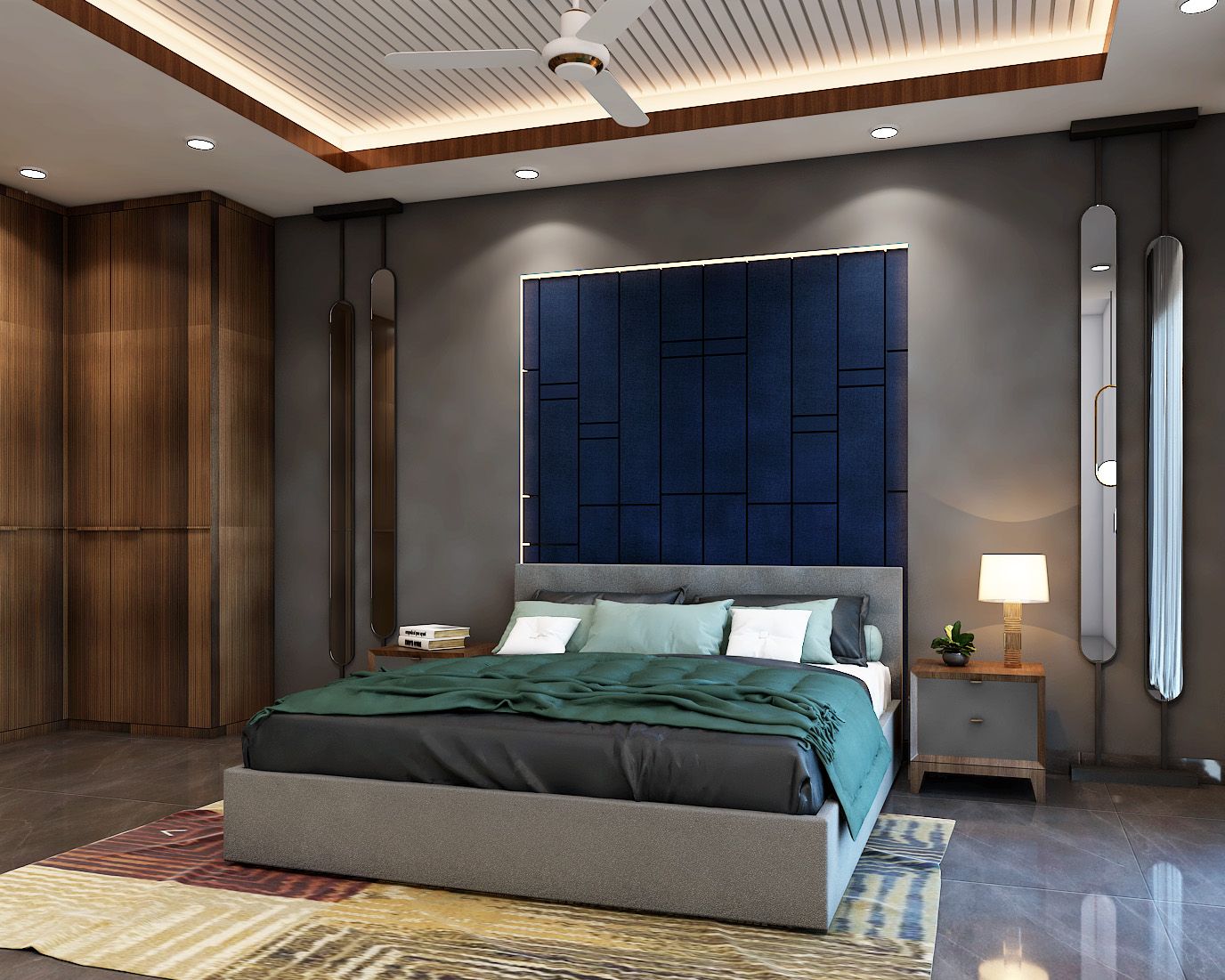 Contemporary Dark Grey And Blue Wall Design For Bedrooms