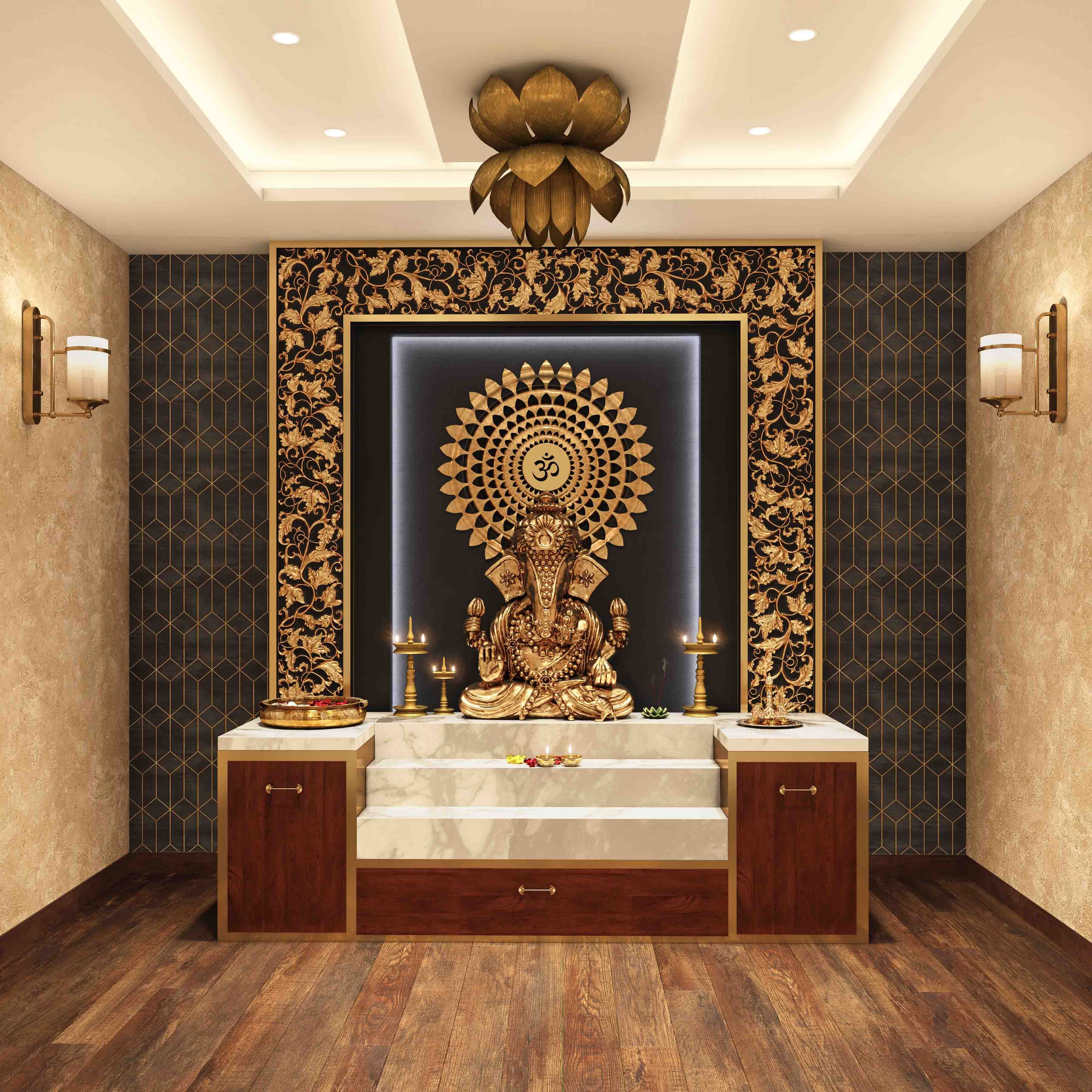Indian Traditional Gold And Black Wall Design For Pooja Rooms