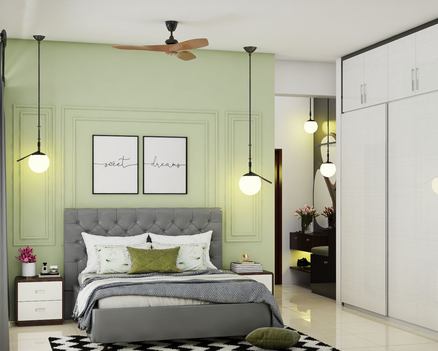 Contemporary Light Green Bedroom Wall Paint Design With Wall Trims