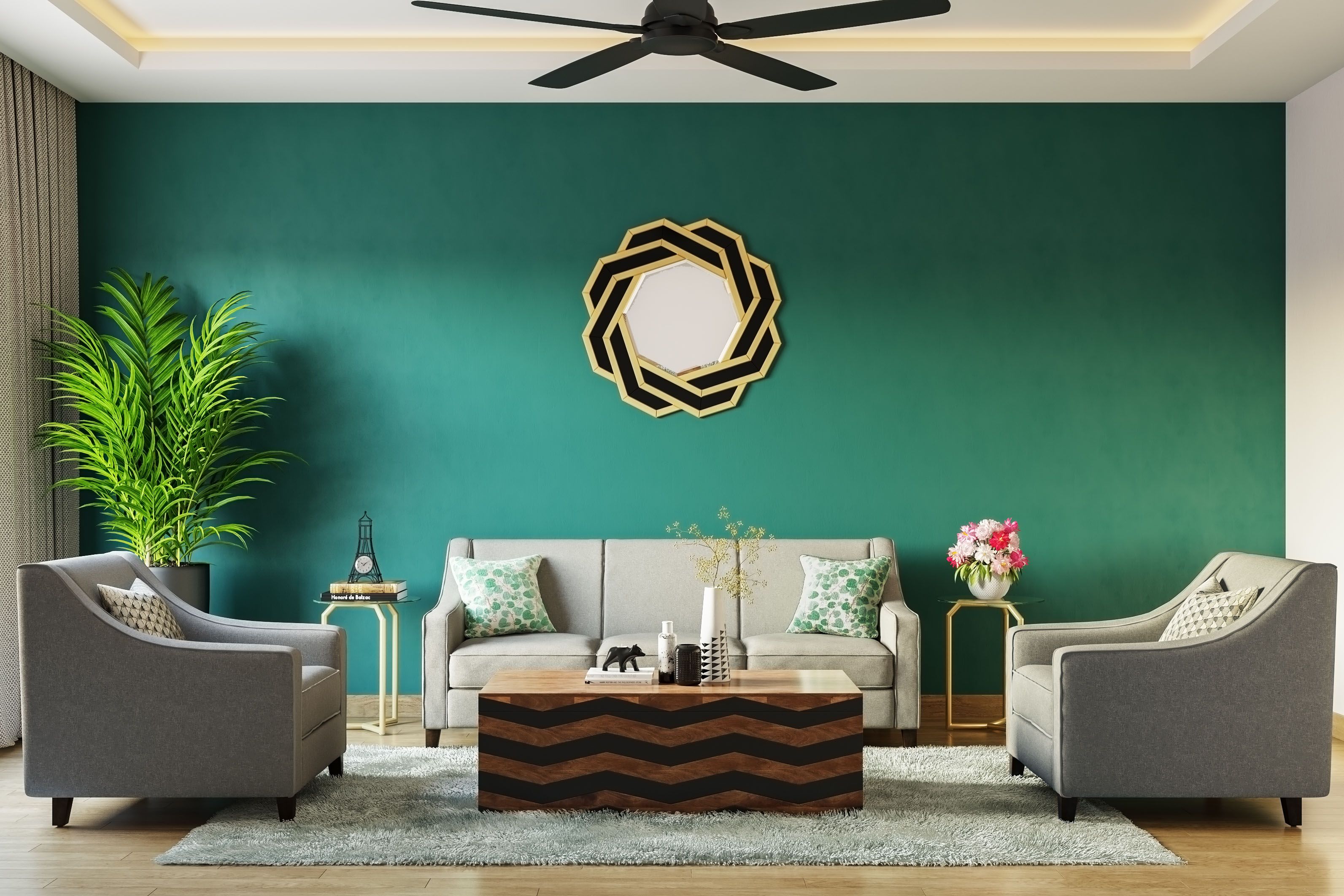 Sea Green Living Room Wall Paint Design With Ornamental Mirror | Livspace