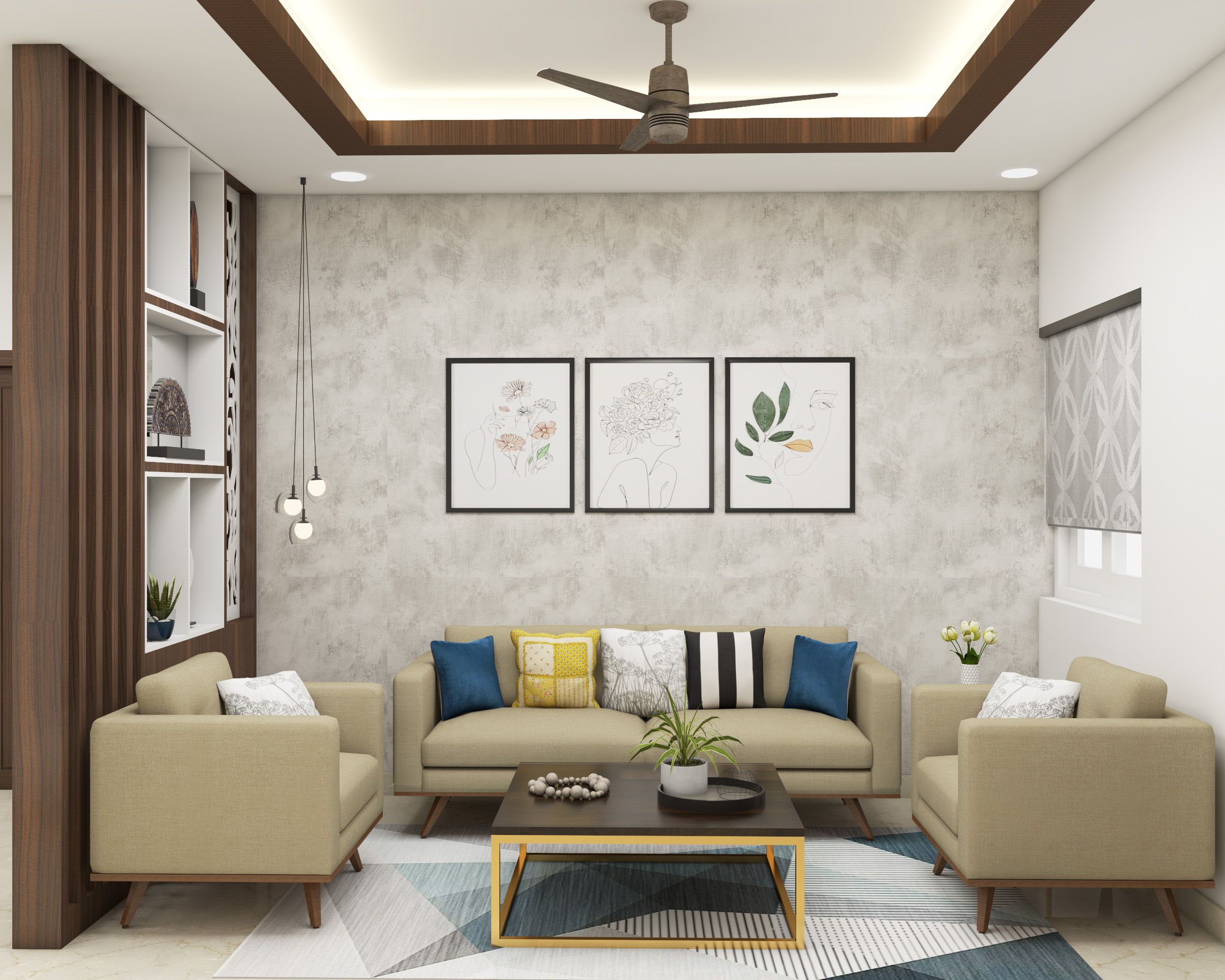 Minimal Cream And Grey Textured Living Room Wallpaper Design