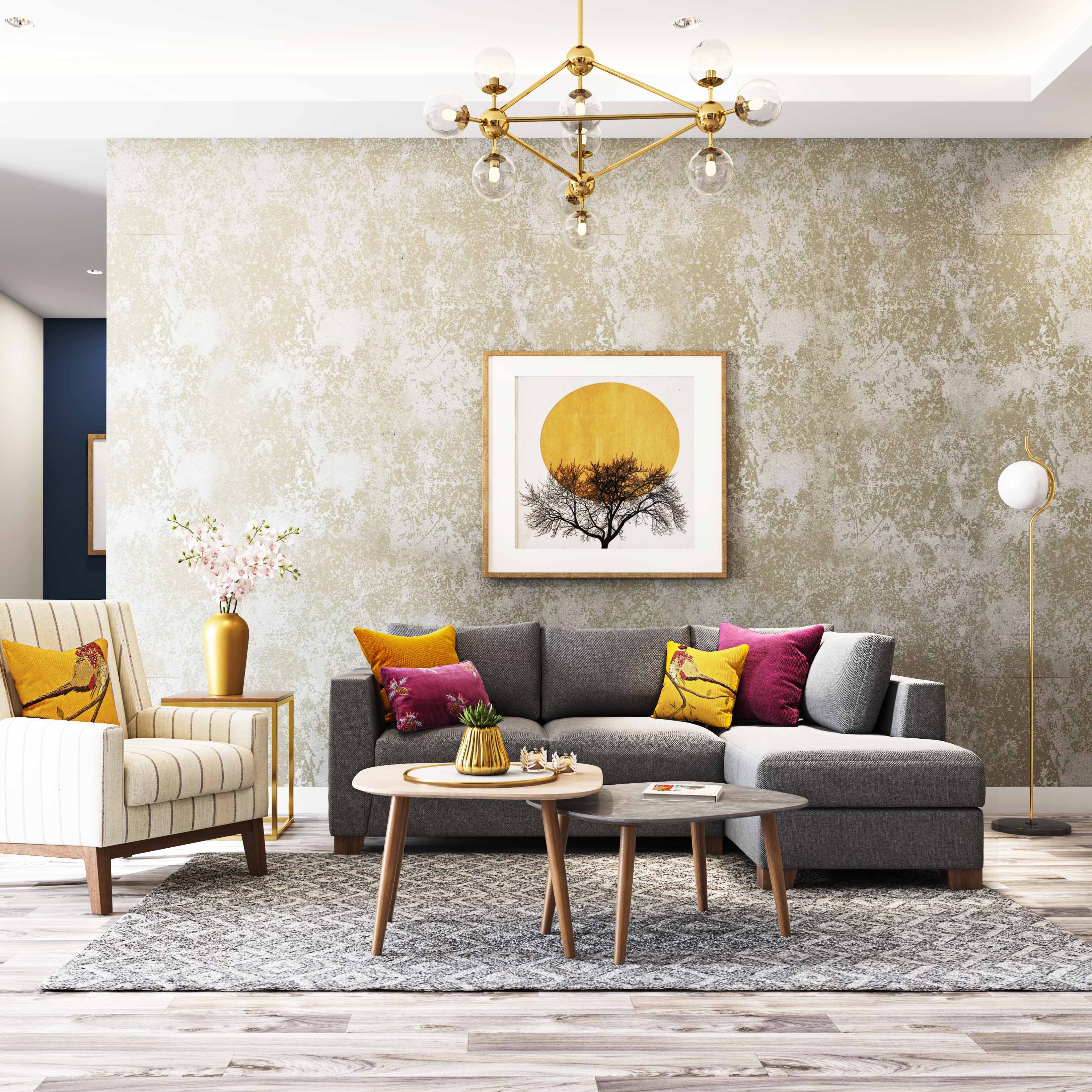 Modern Gold And White Textured Living Room Wallpaper Design