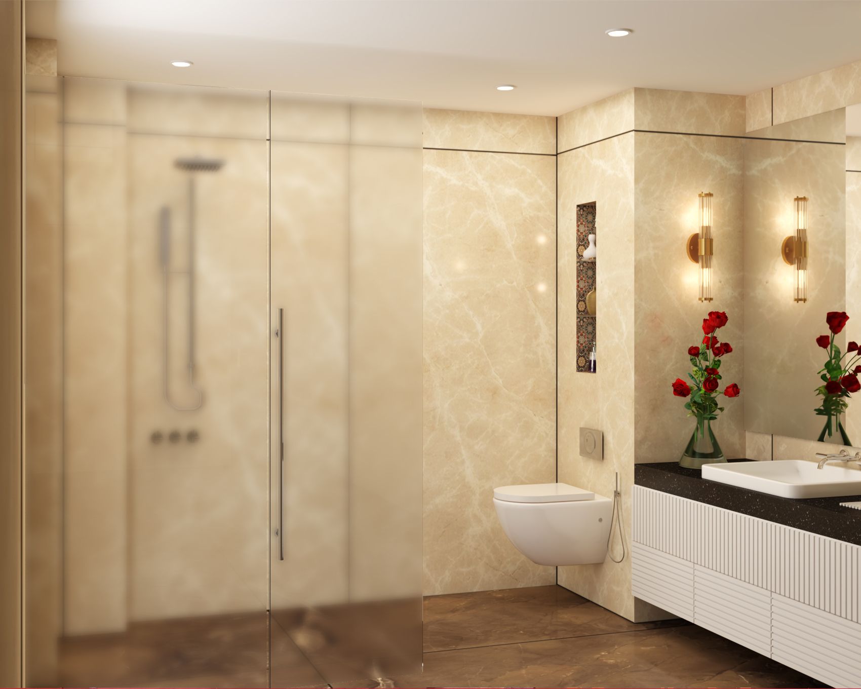 Modern Beige Bathroom Design With Granite Countertop