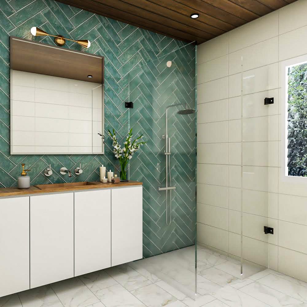 Modern Off White And Teal Blue Bathroom Design With Herringbone Wall Pattern
