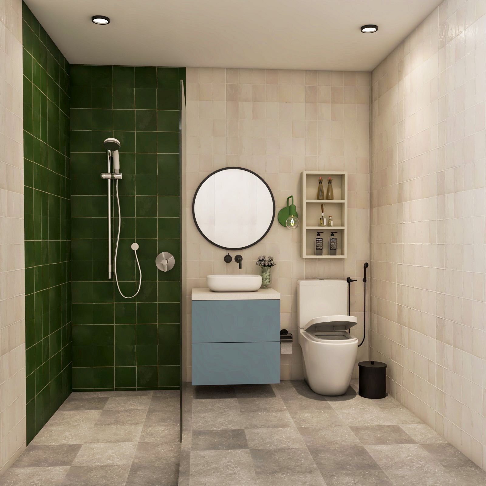 Contemporary Multicoloured Bathroom Design With Round Mirror