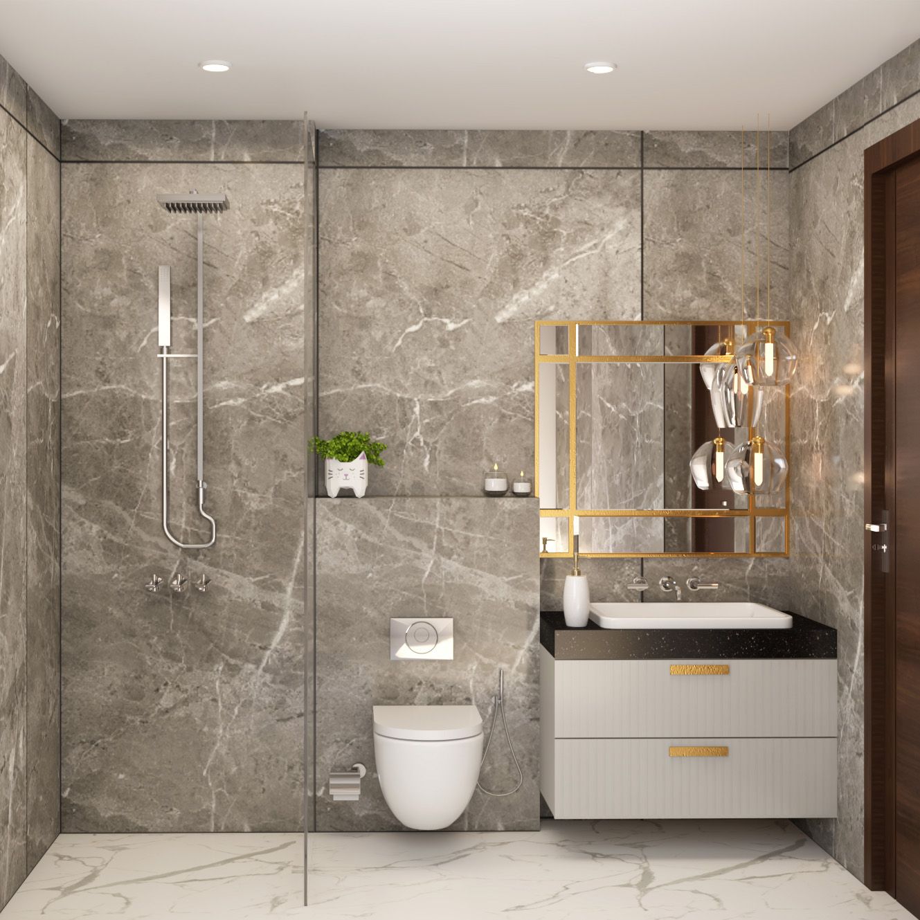 Modern Grey Small Bathroom Design Ideas With Granite Countertop