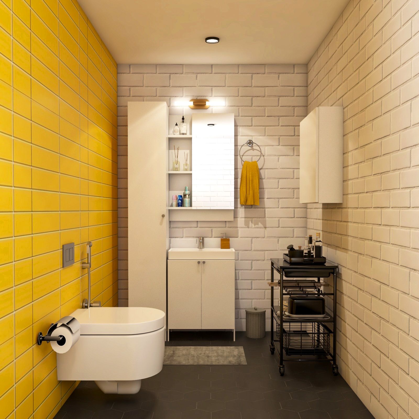 Contemporary White-Yellow And Black Bathroom Design With Shutter Storage Unit