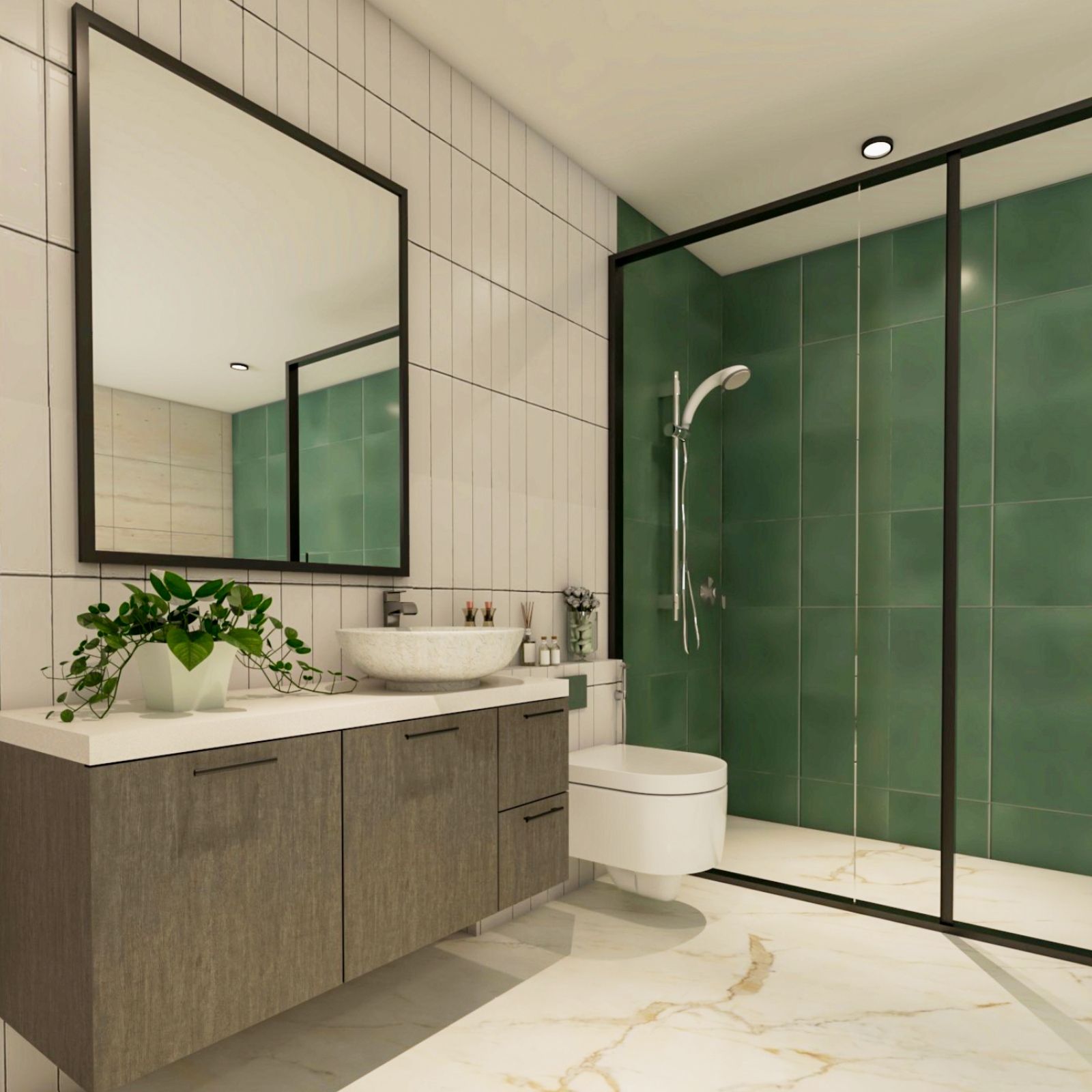 Green And White Bathroom Design With Marble Flooring | Livspace