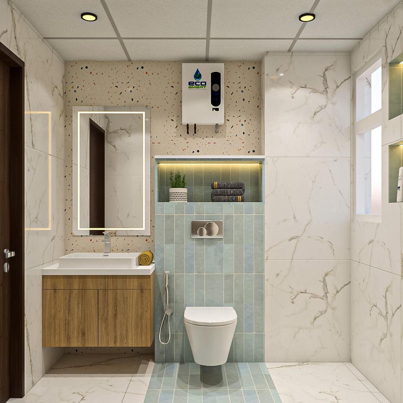Modern Multicoloured Small Bathroom Design With Corian Countertop