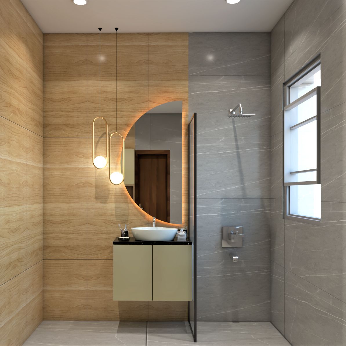 Contemporary Grey And Wood Bathroom Design With Pendant Lights