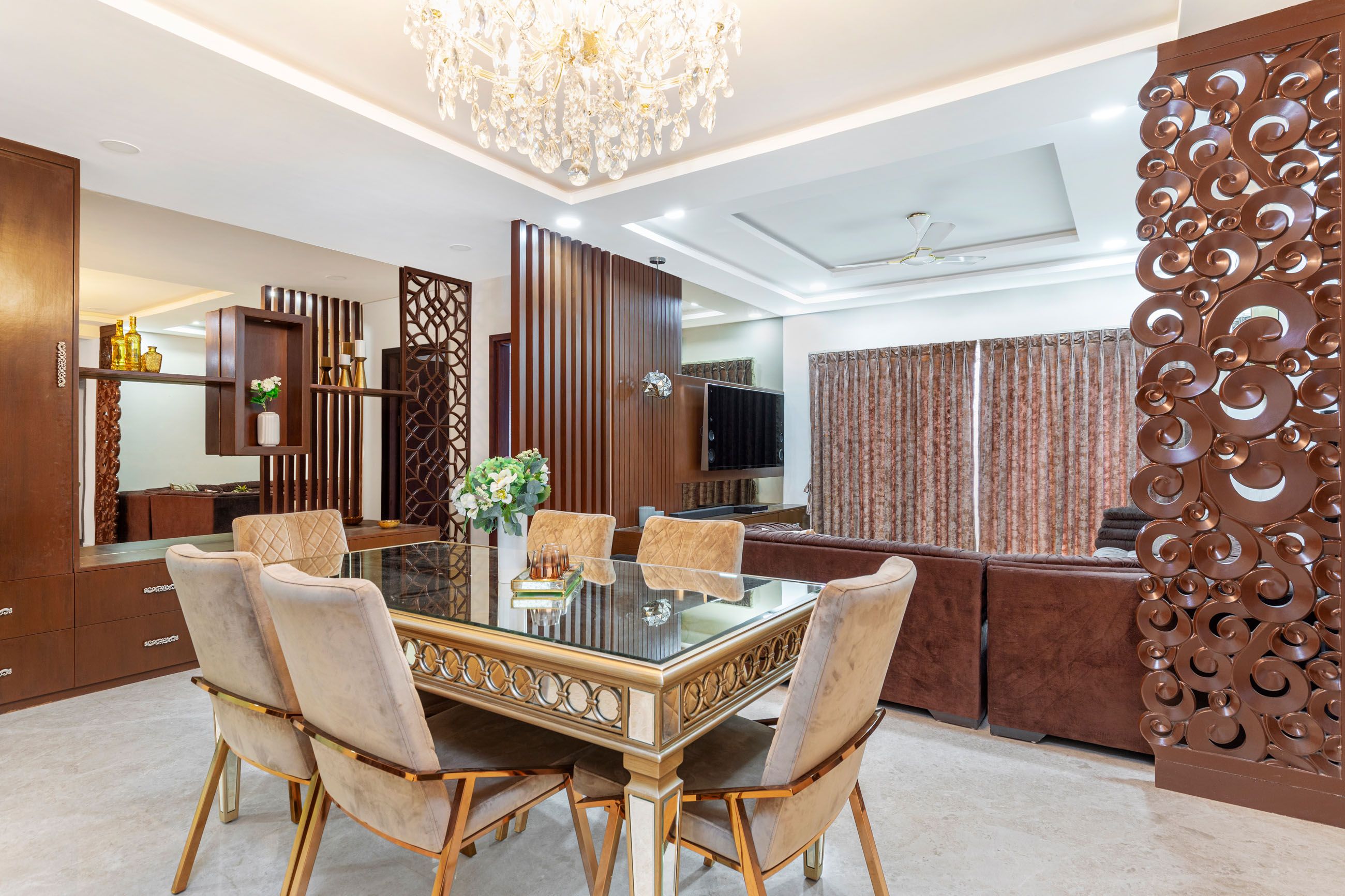 Dining Room Design With 6-Seater Beige And Gold Table | Livspace