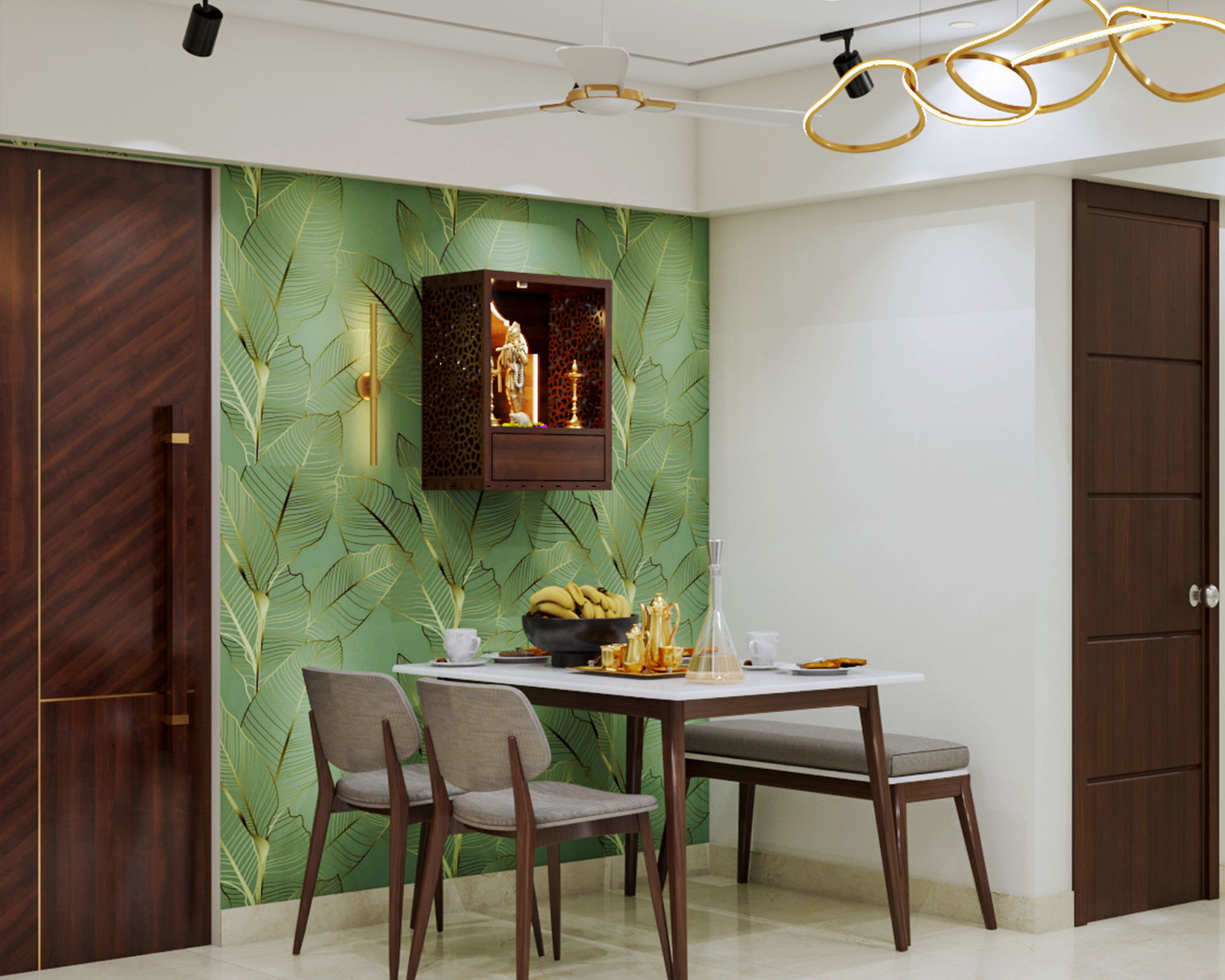 Contemporary 2-Seater Grey And Wood Dining Room Design With Integrated Mandir Unit