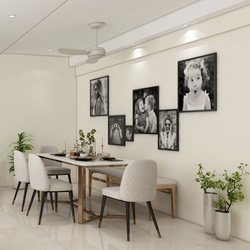 Minimal White 4-Seater Dining Room Design With Long White And Wood Seater