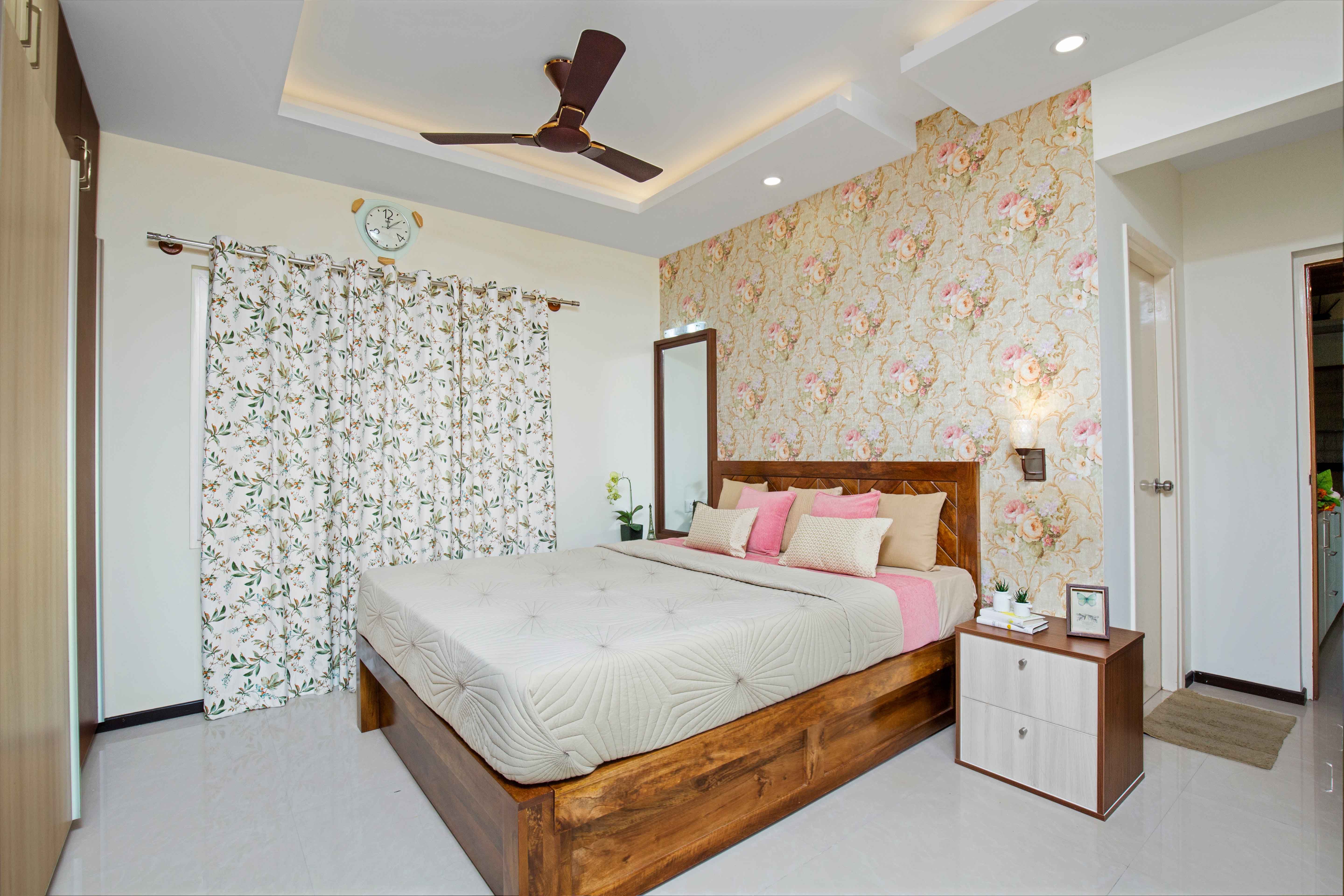 Modern Guest Room Design With Wooden Wardrobe And Floral Wallpaper