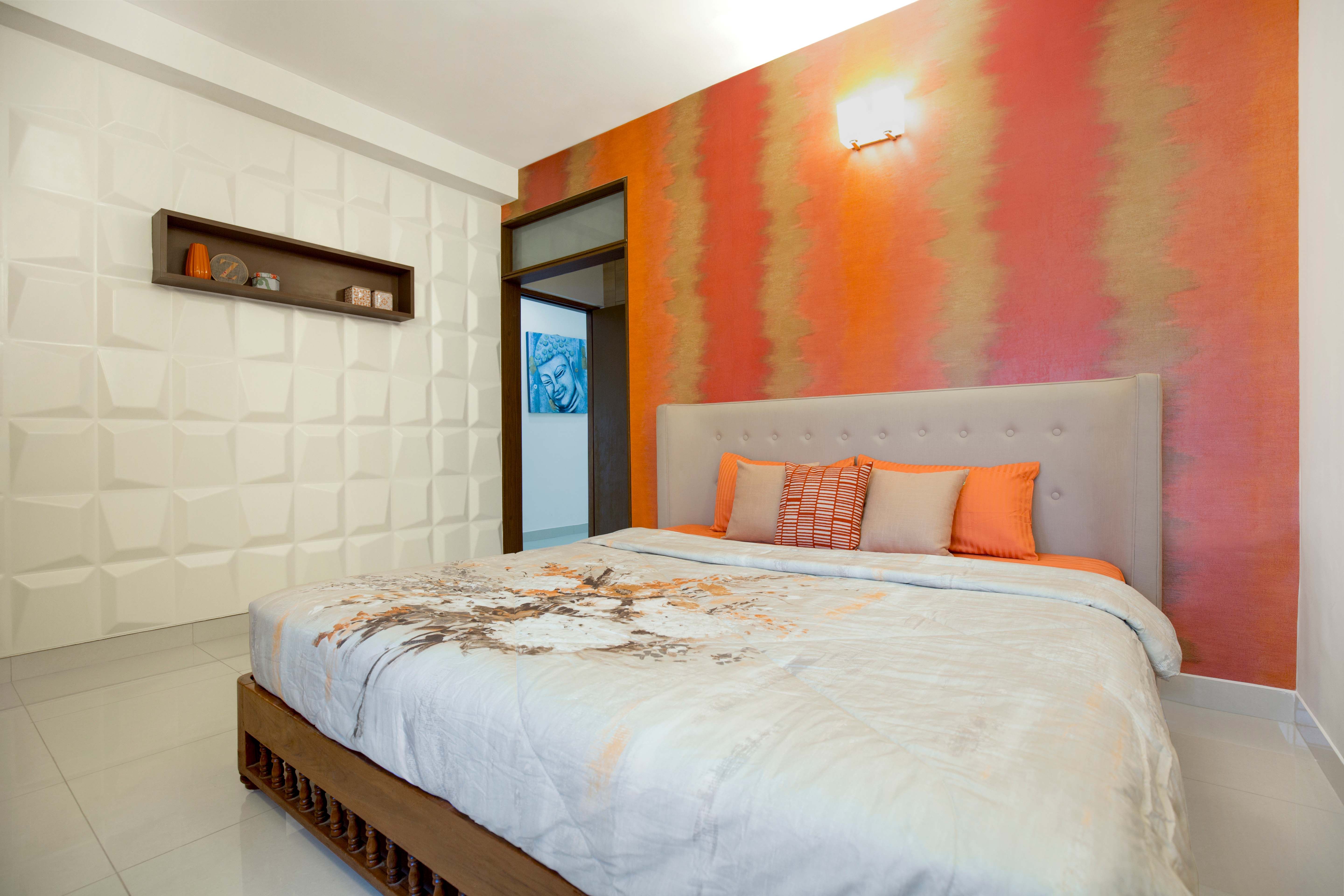 Modern Guest Room Design With Multicoloured Accent Wall And 3D White Wall