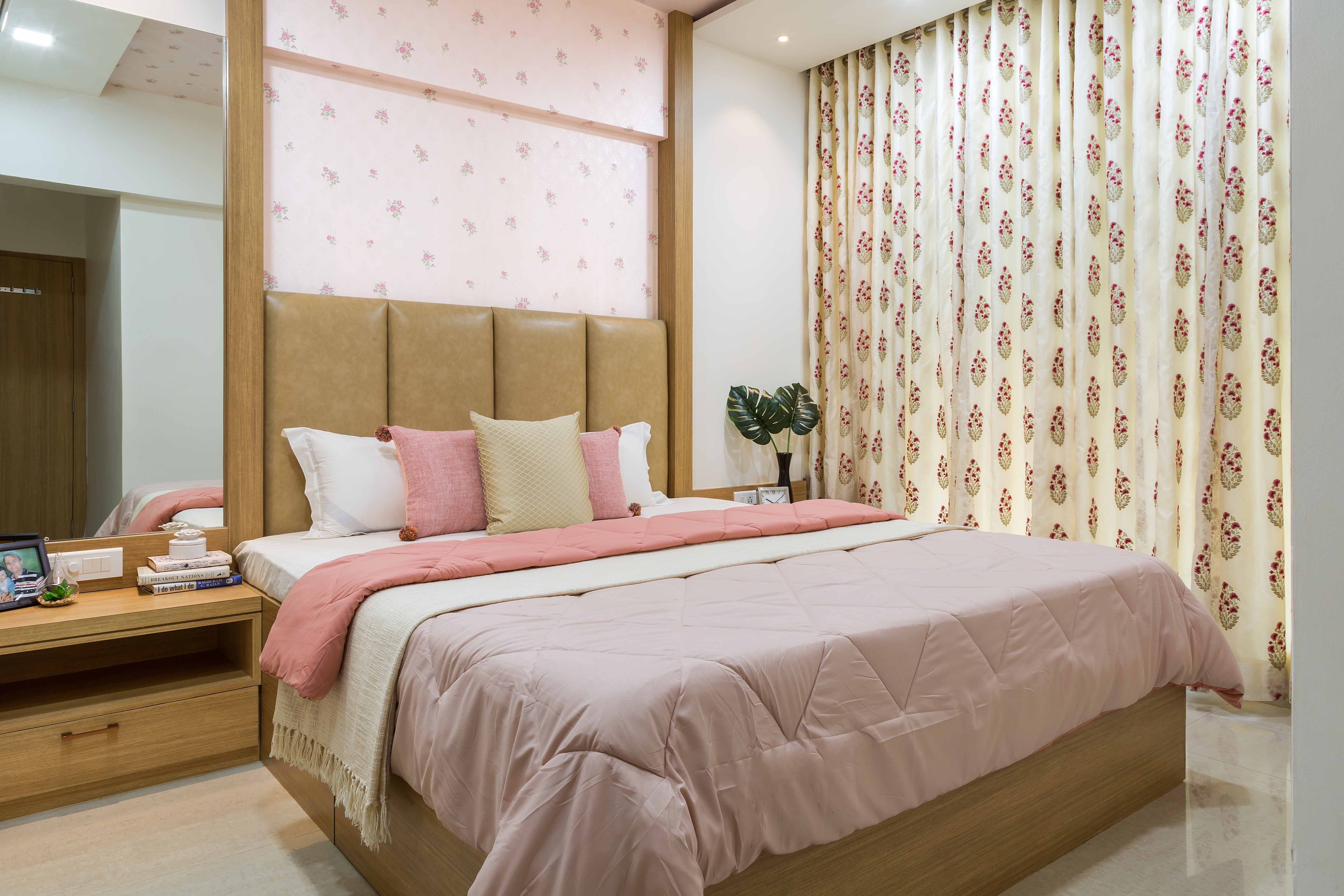 Modern Guest Room Design With Pink Floral Wallpaper
