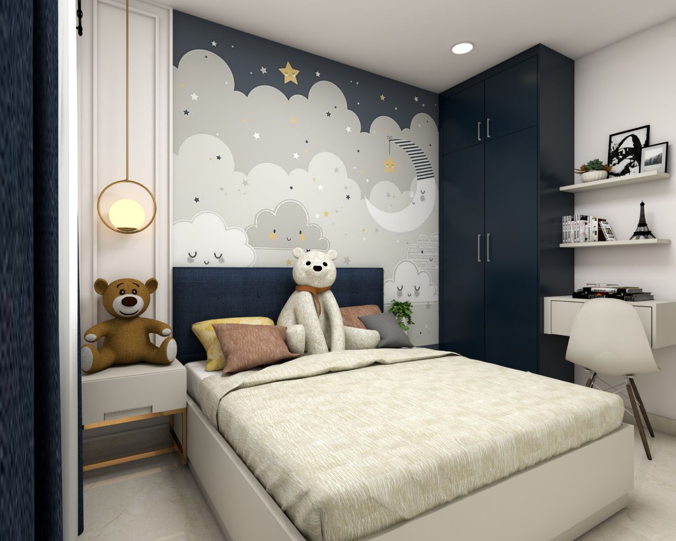 Modern Boys Room Design With Cloud-Themed Wallpaper