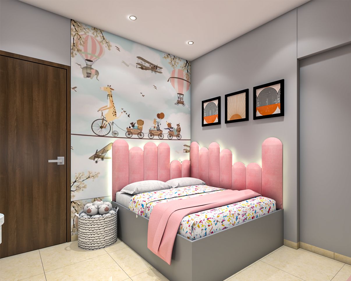 Modern Pink And Grey Kids Room Design For Girls With Bay Seater