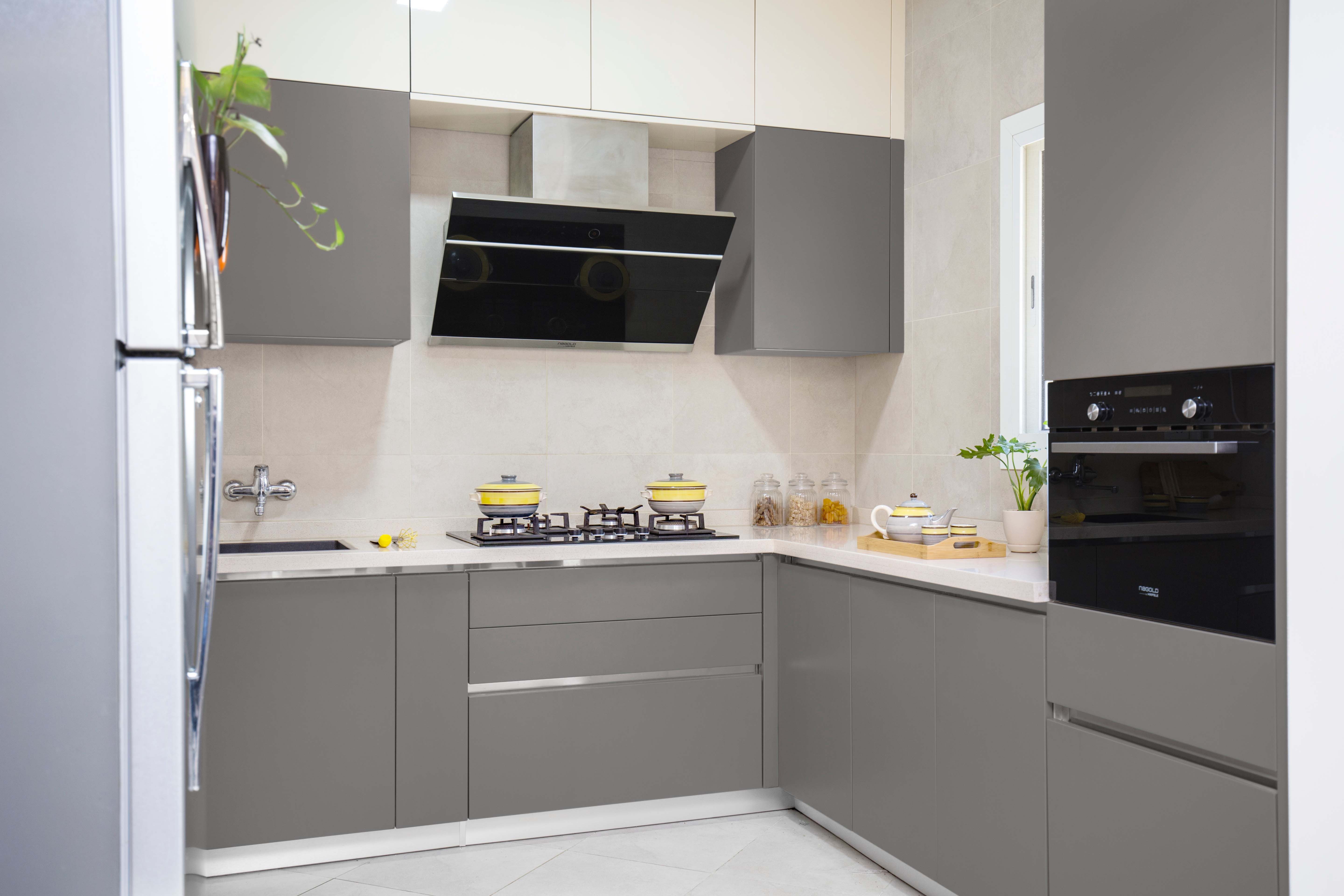Contemporary Grey And White L Shaped Modular Kitchen Design