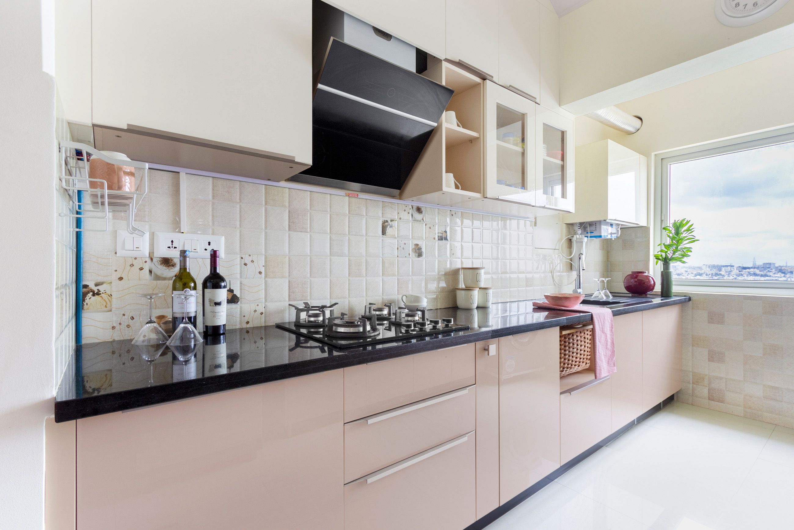 Modern Light Beige And White Modular Open Kitchen Design With Granite Countertop