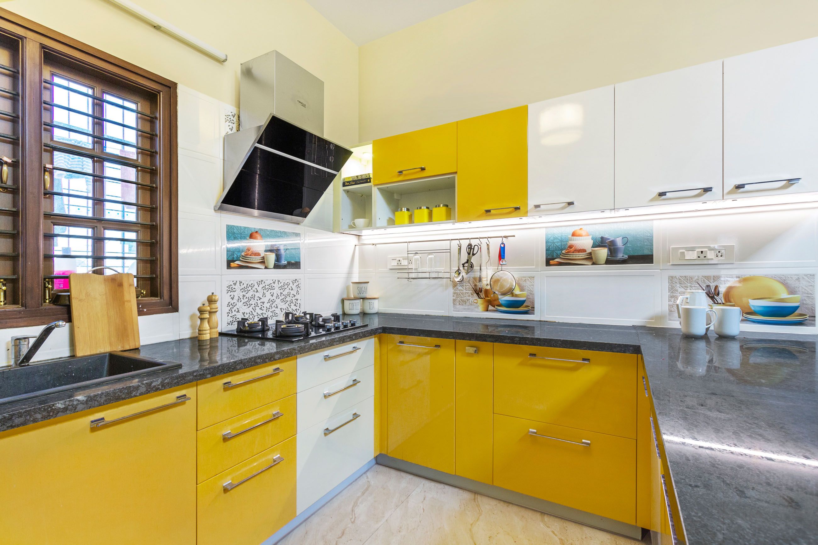 Modern Modular U Shaped Yellow And Frosty White Kitchen Design