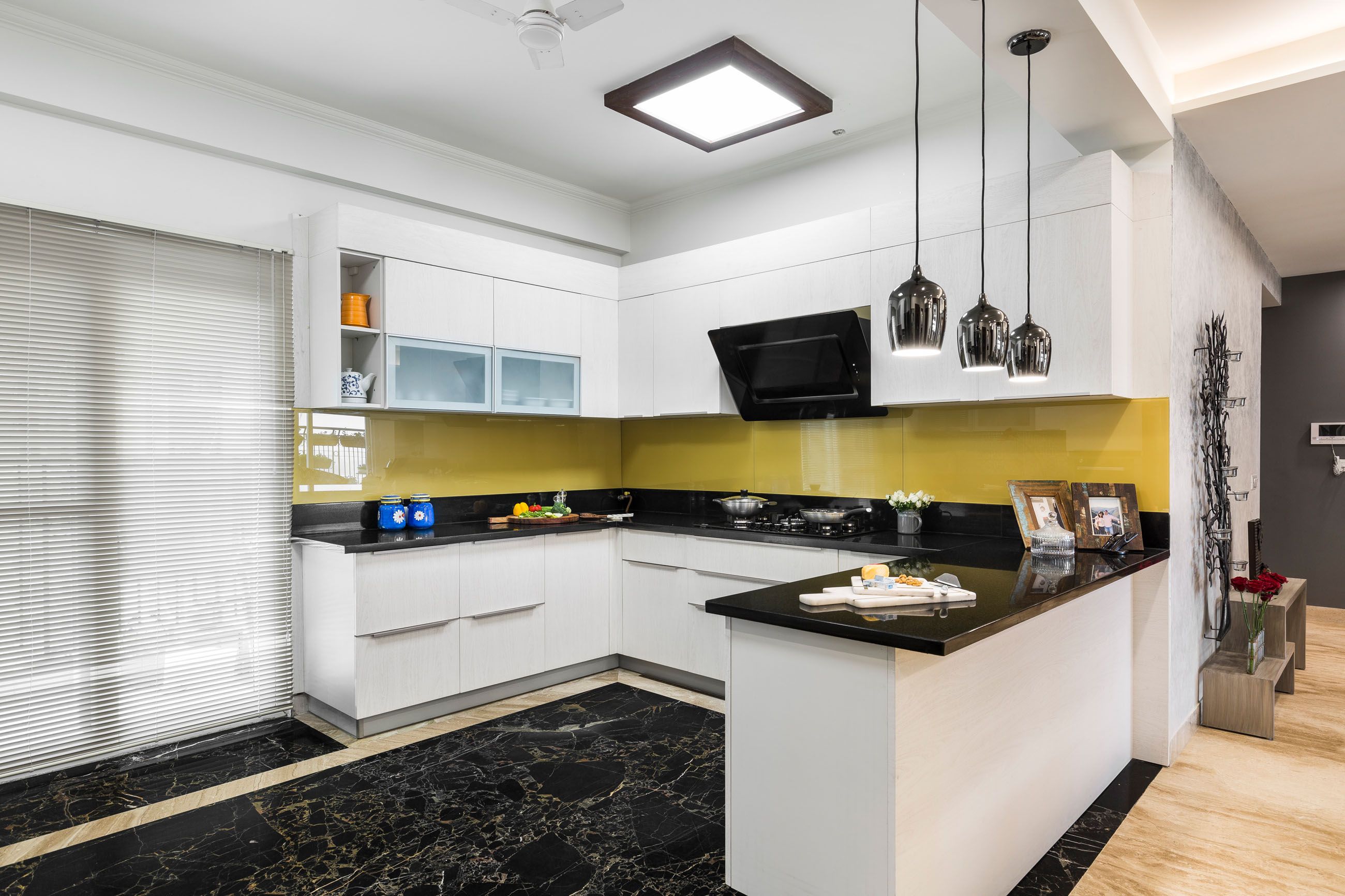 Contemporary White Modular U-Shaped Kitchen Design With Yellow Backsplash