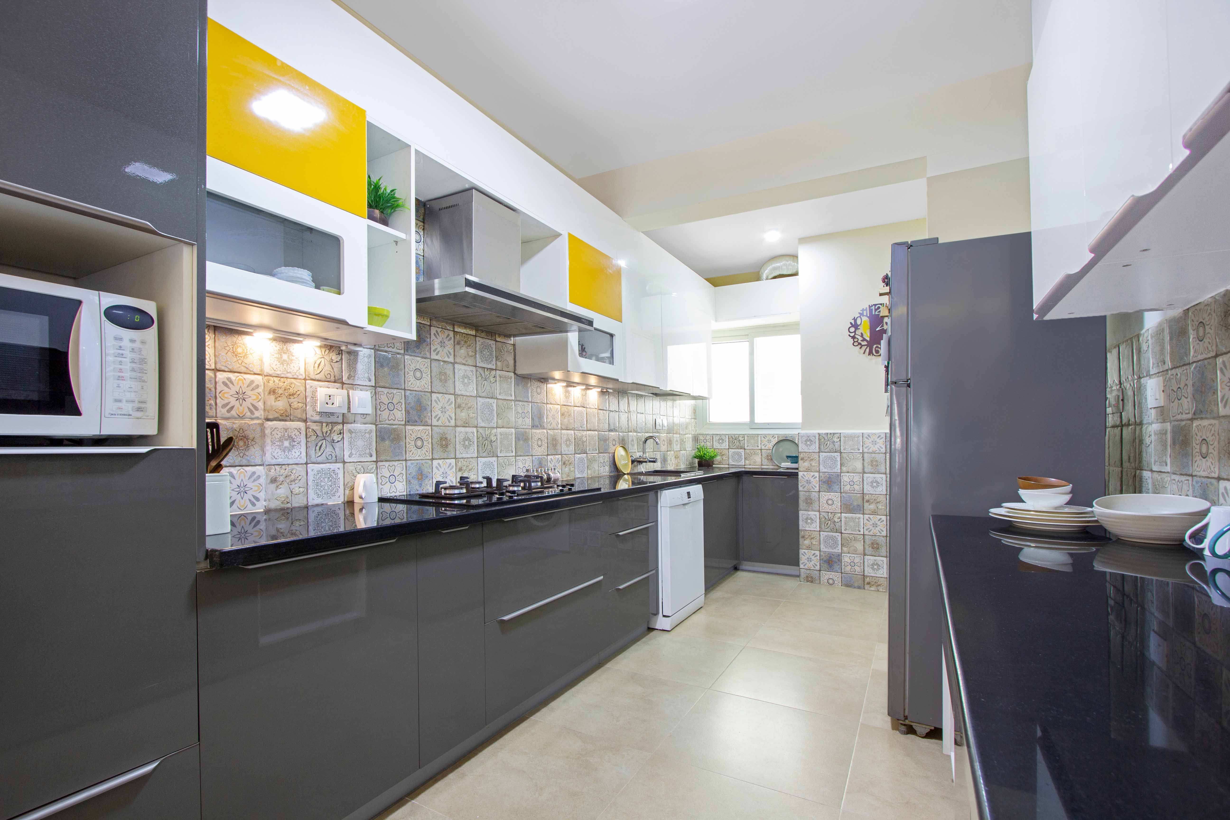 Modern Multicoloured Parallel Kitchen Design With Moroccan Backsplash