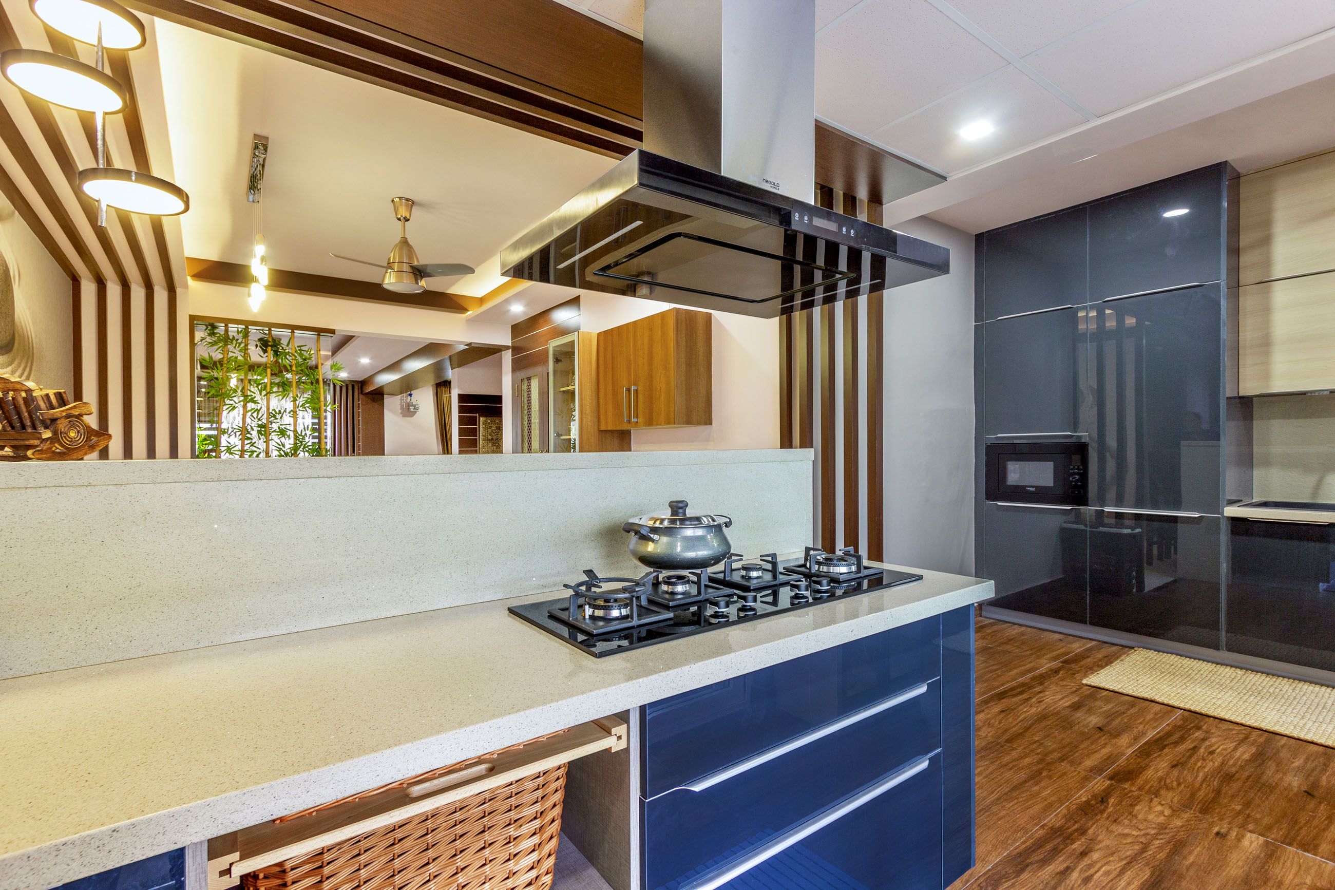 Modern Modular Island Kitchen Design With Dark Grey And Acacia Cabinets