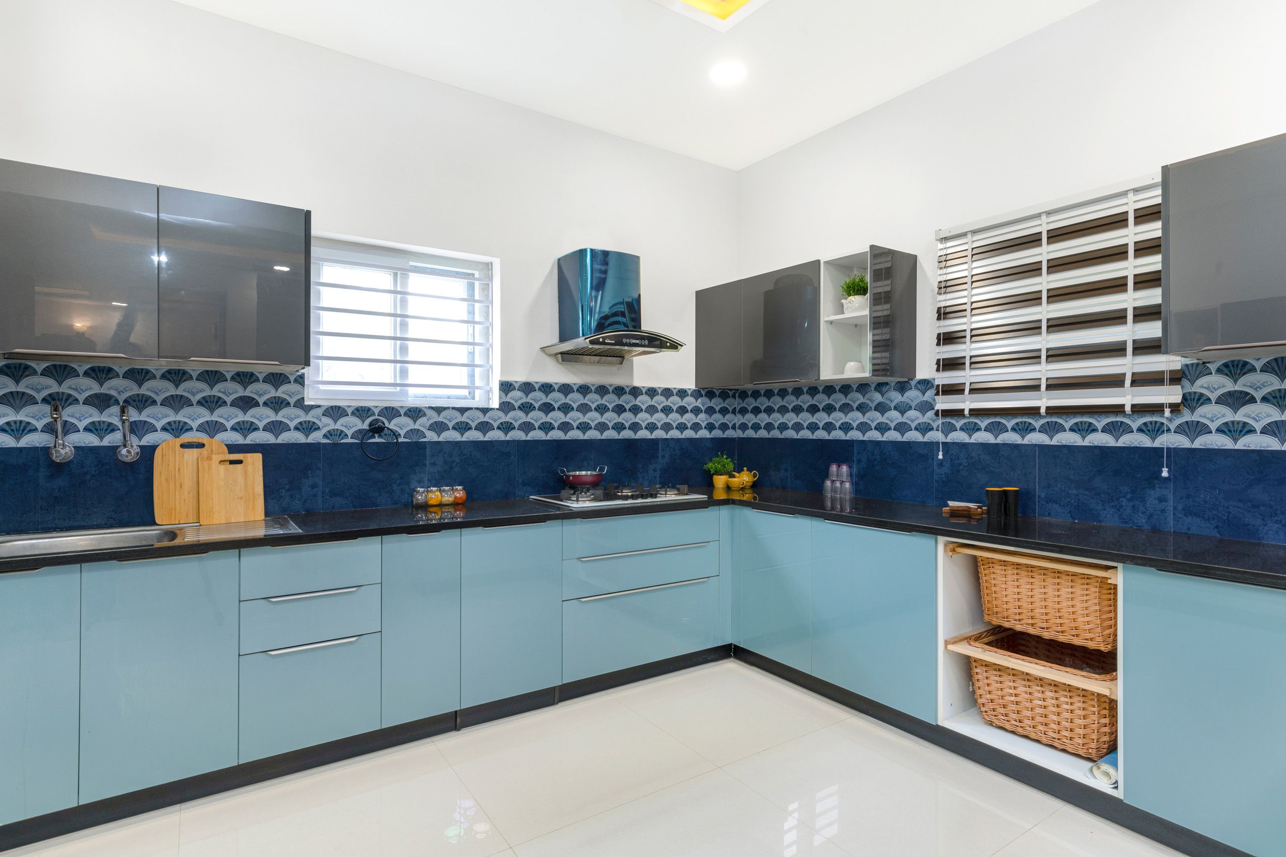 Modern Dark Grey And Celestial Blue L Shaped Kitchen Design With Granite Countertop