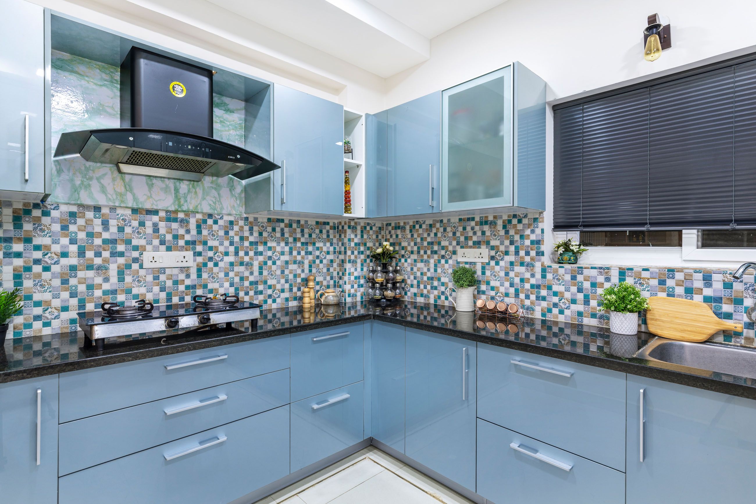 Modern Celestial Blue L Shaped Modular Kitchen Design