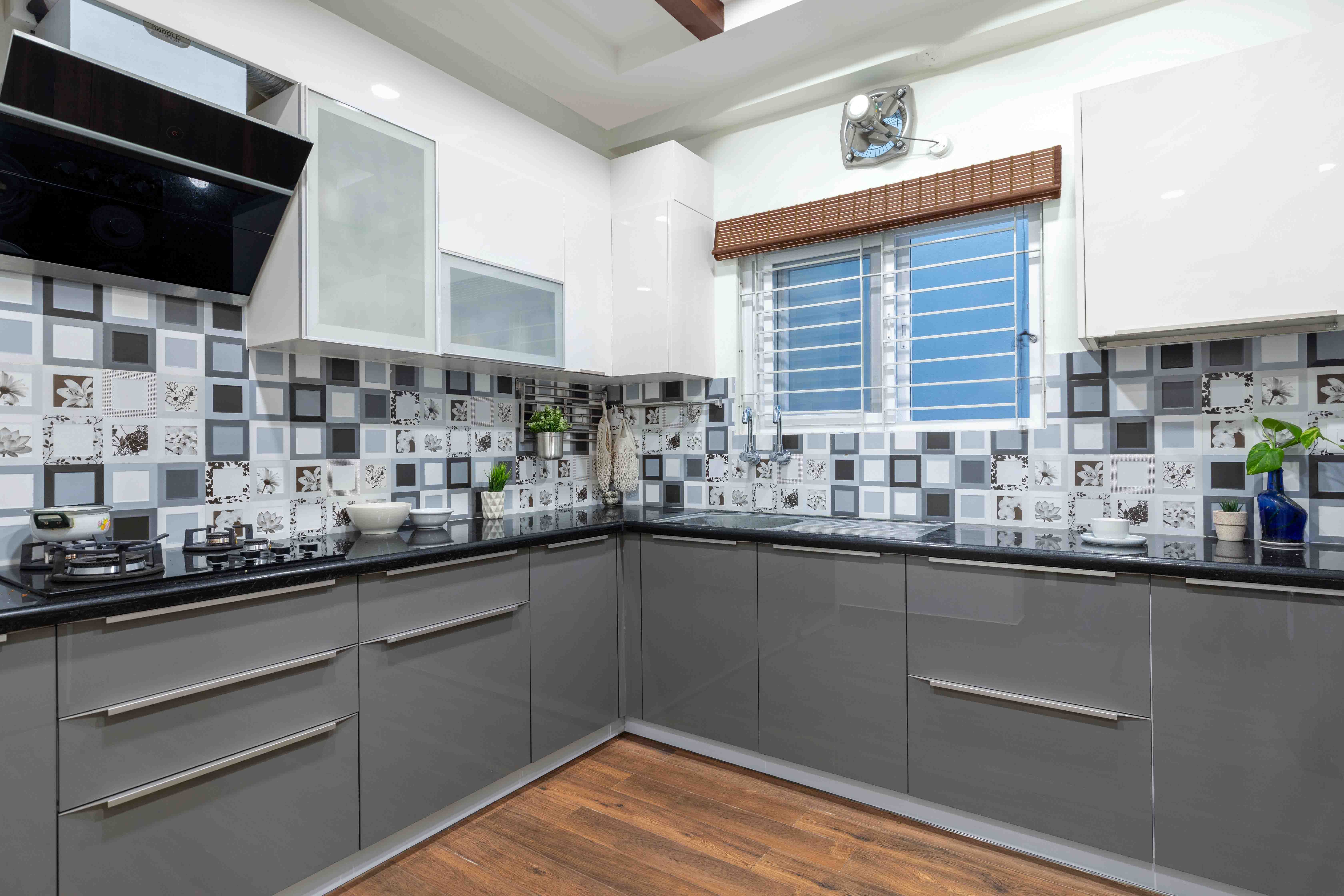 Modern Gothic Grey And Frosty White L Shaped Kitchen Design With Black And White Dado