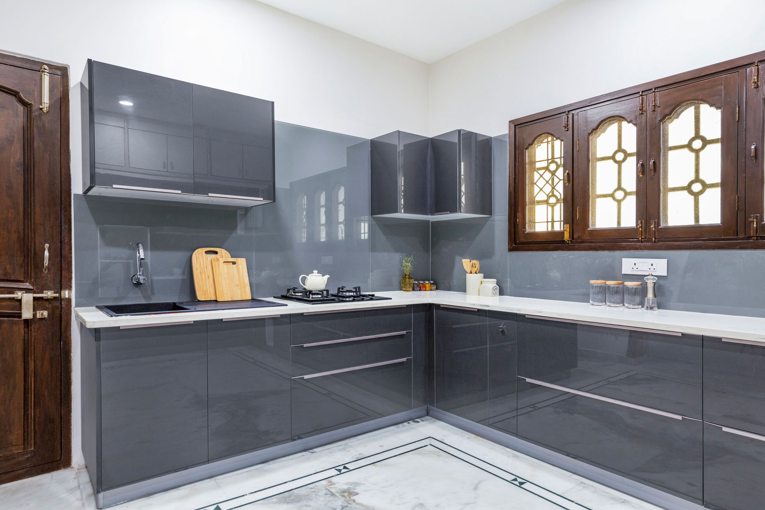 Classic U Shaped Modular Kitchen Design With Dark Grey And Metallic White Cabinetry