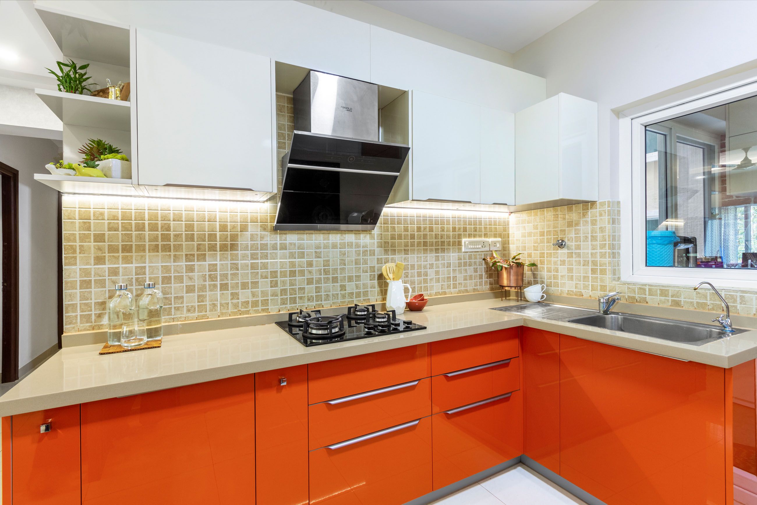 Modern Modular Indian Kitchen Design In Orange And White