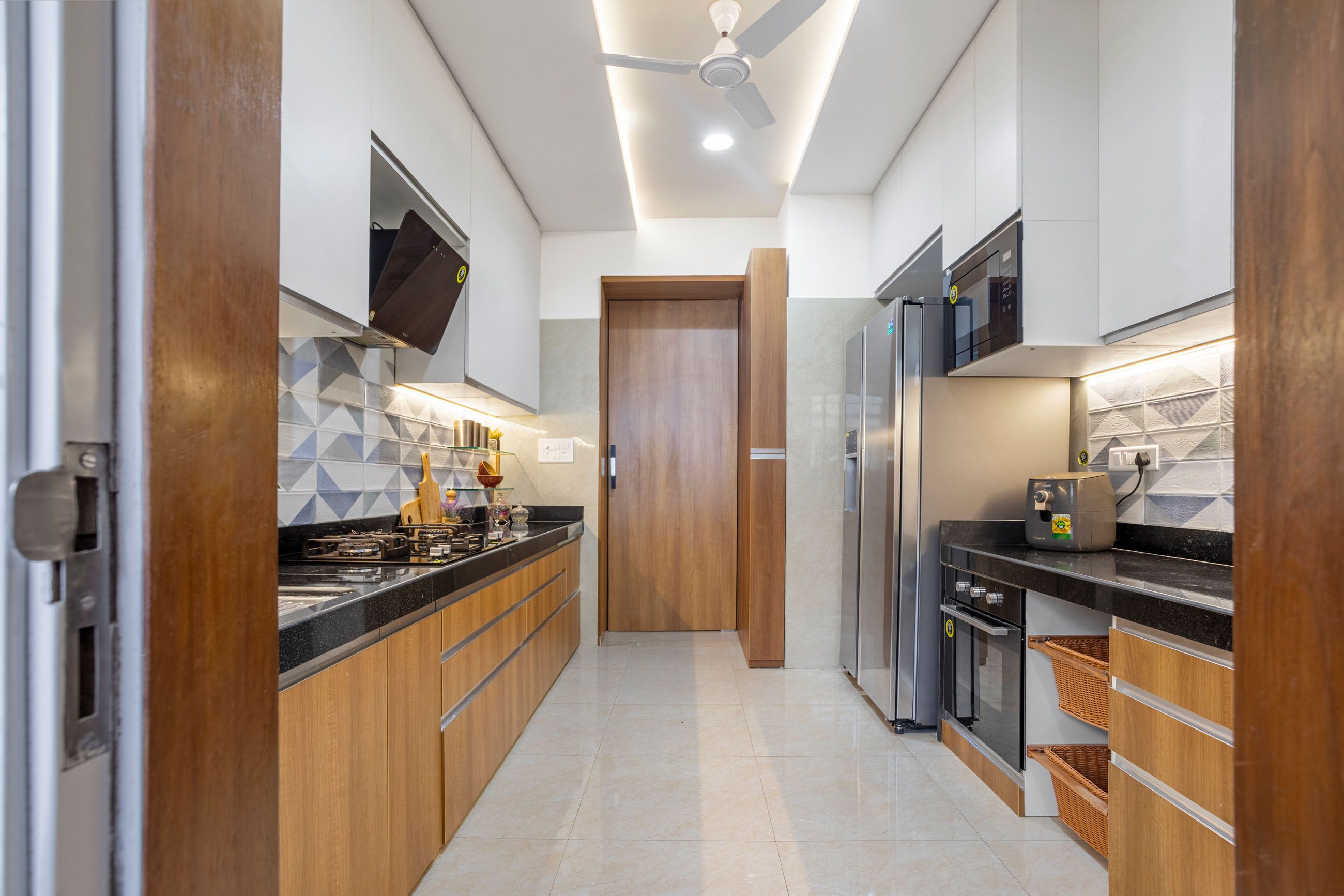 Modern Walnut Bronze And White Modular Parallel Kitchen Design With Granite Countertop