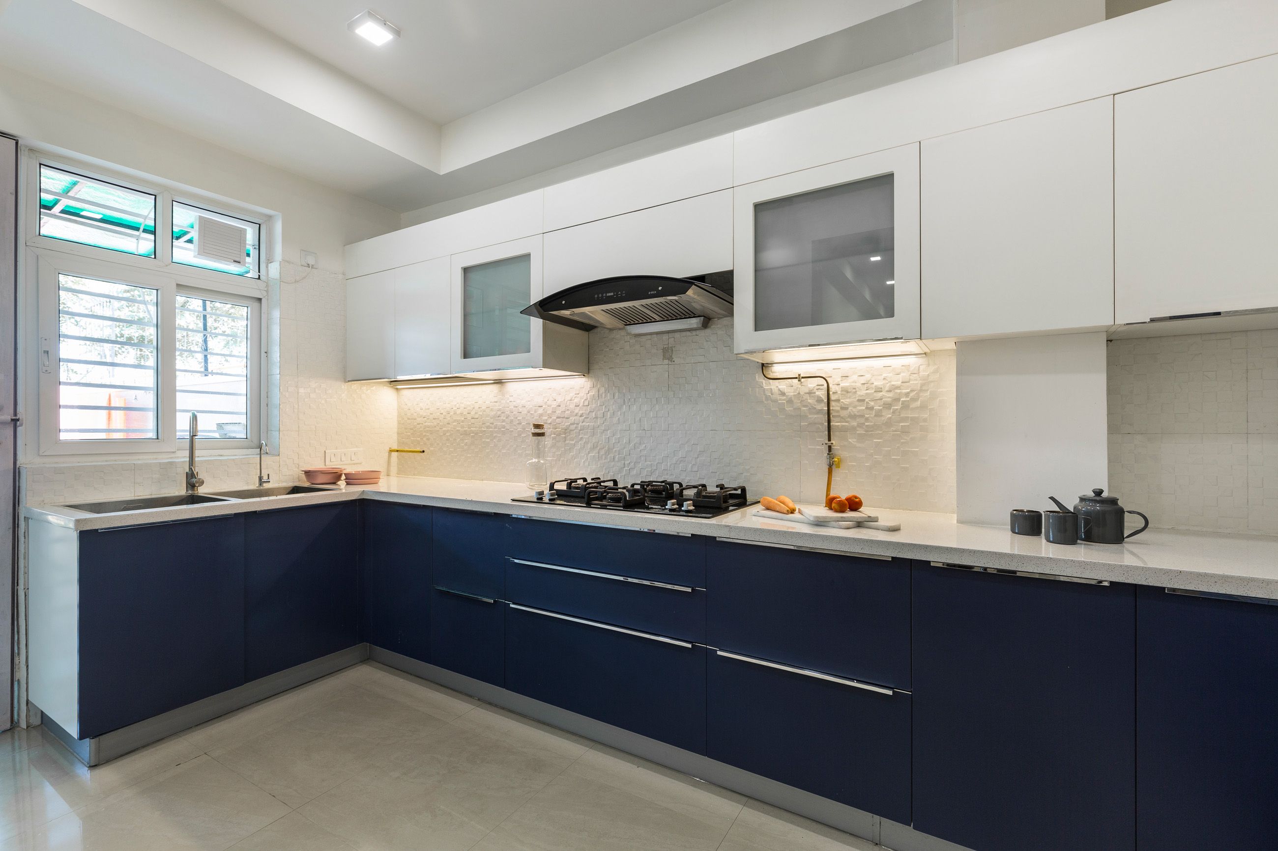 Contemporary Champagne-Toned And Wave Blue U Shaped Kitchen Design