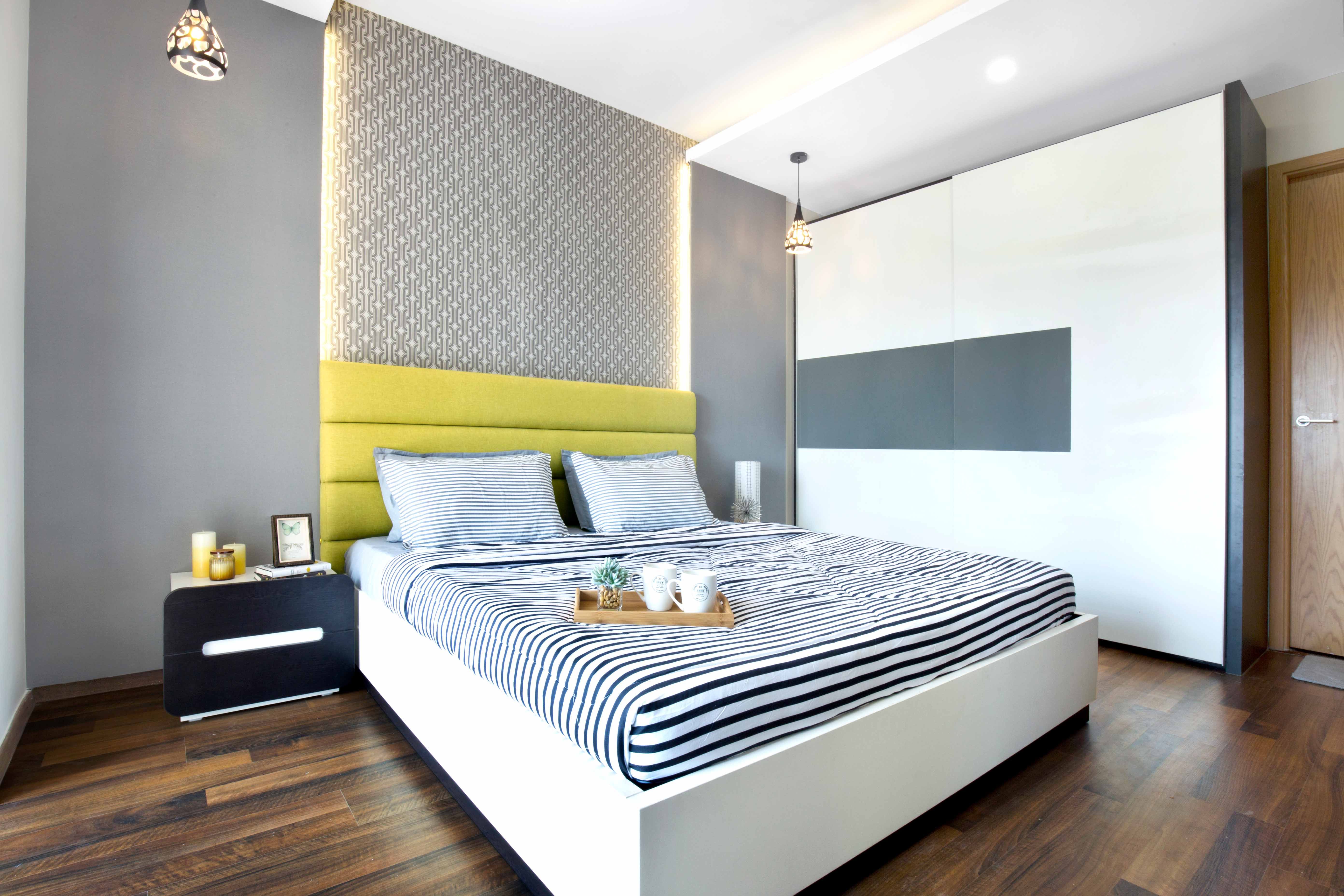 Modern Grey Master Bedroom Design With Yellow Headboard