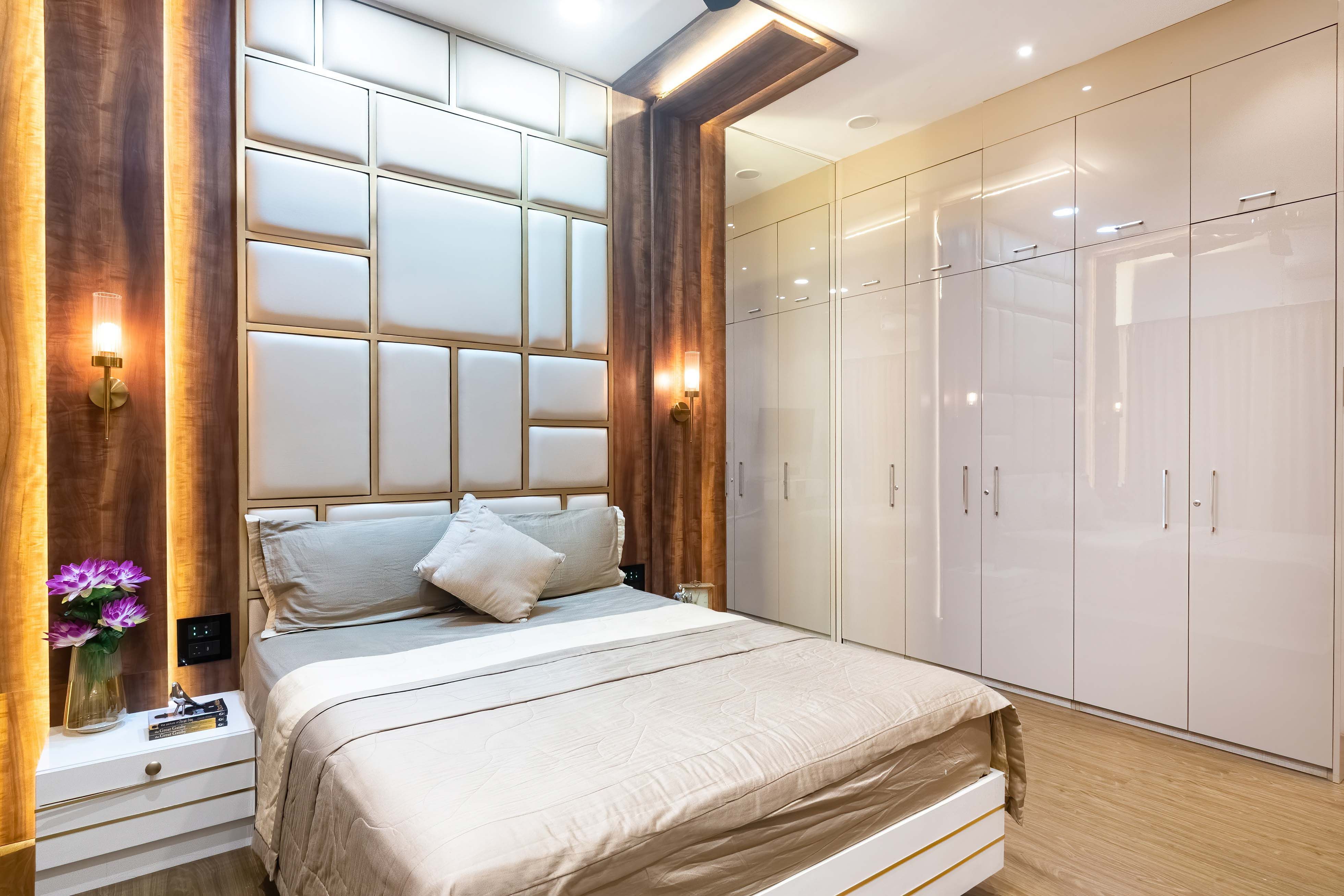 Modern Master Bedroom Design With 8-Door White Glossy Wardrobe