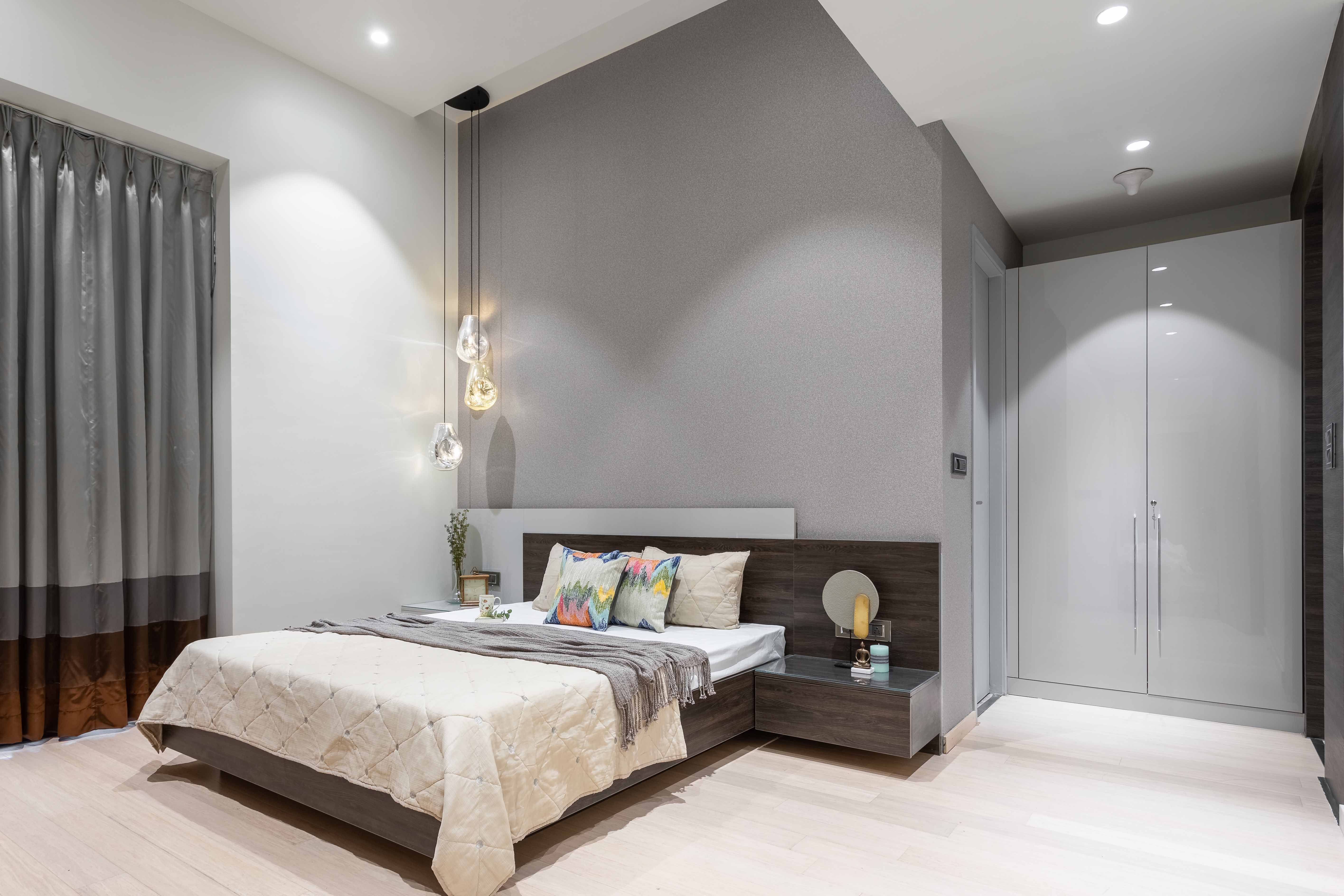 Minimal Grey Master Bedroom Design With TV Unit