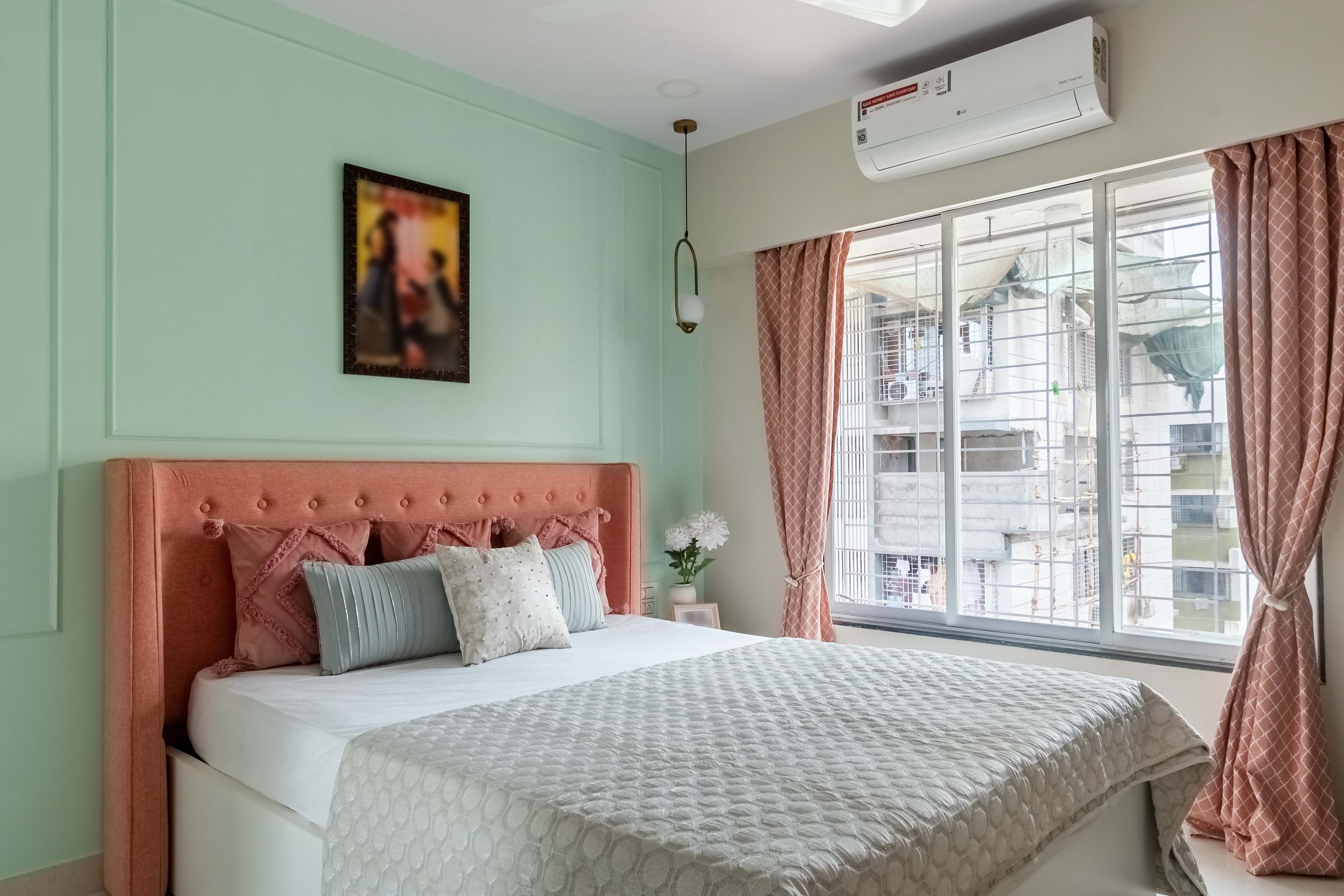 Minimal Master Bedroom Design With Peach Headboard