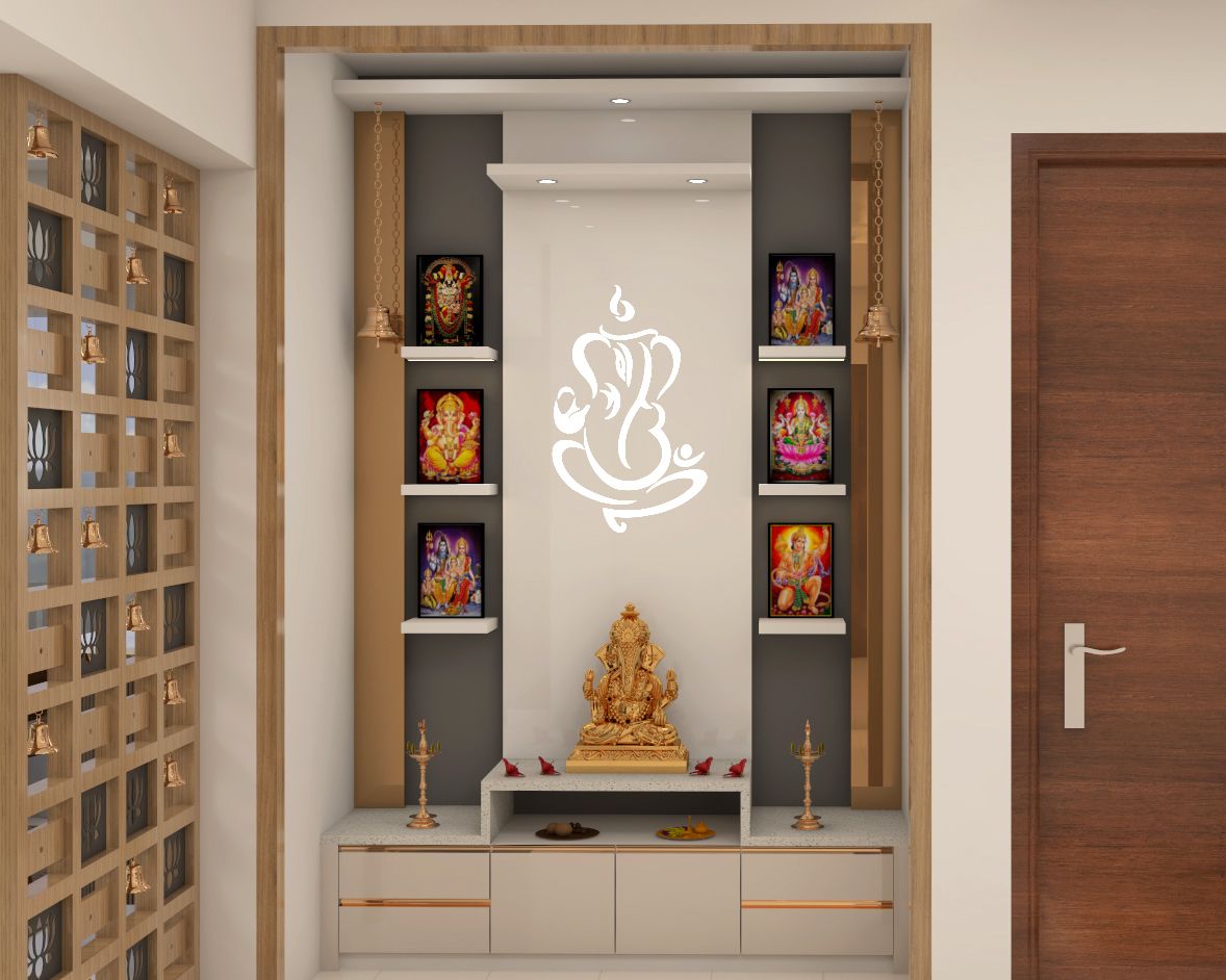 Modern Floor-Mounted Champagne-Toned Mandir Unit With CNC Wooden Panel