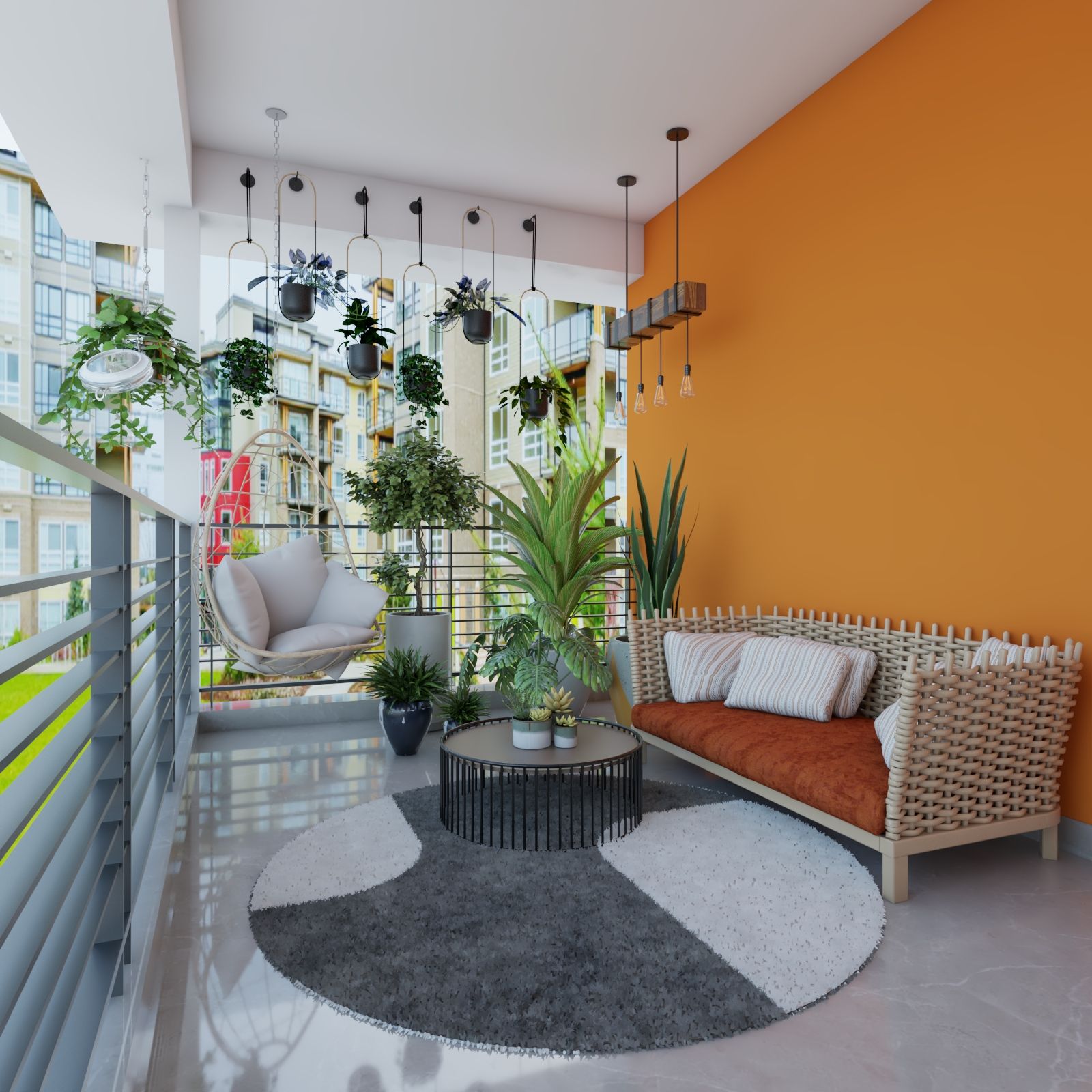 Tropical Balcony Design With Orange Wall Paint