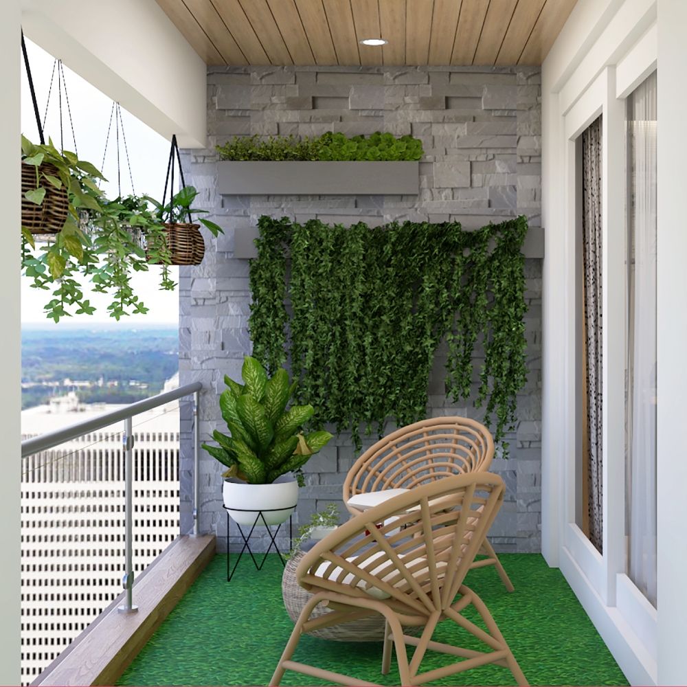 Tropical Balcony Design With Stone Wall Cladding