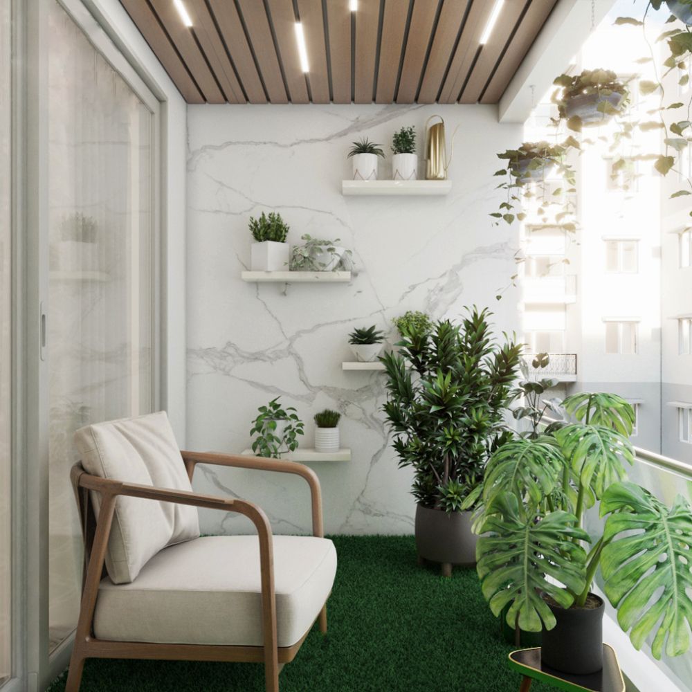 Tropical Balcony Design With Marble Tile Wall