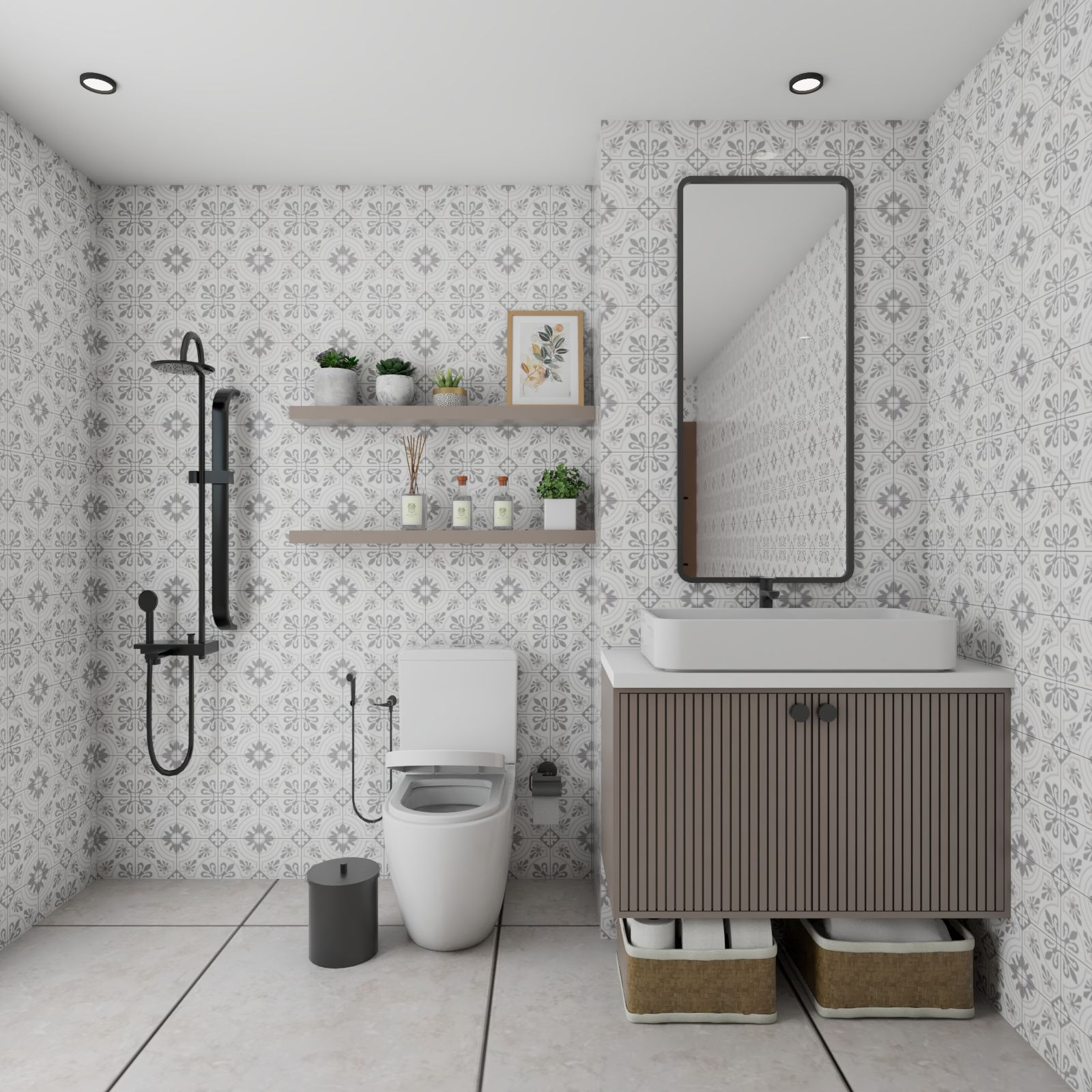 White And Grey Contemporary Bathroom Design WIth Black Sanitary Fittings