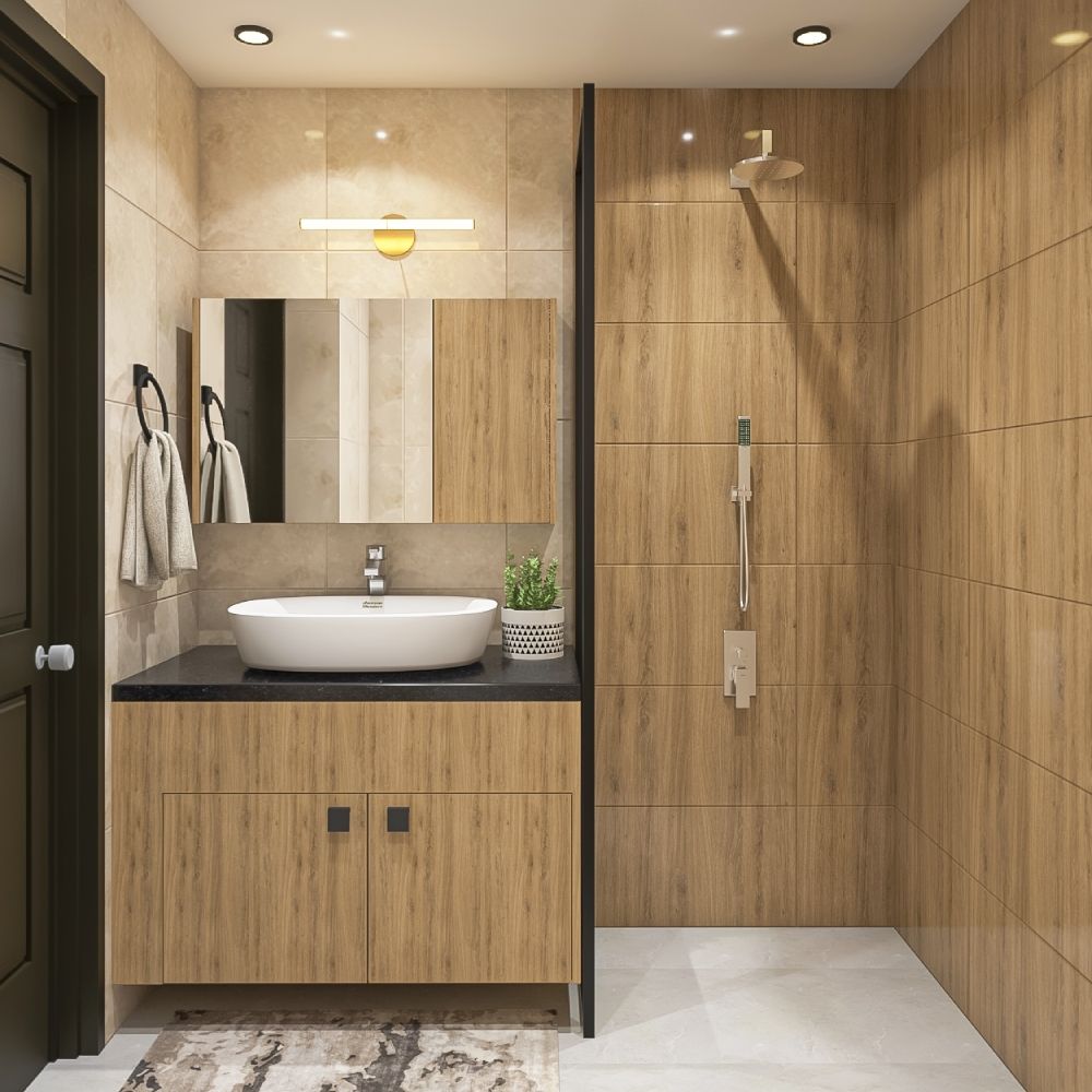 Modern Bathroom Design With False Ceiling And Recessed Spotlights