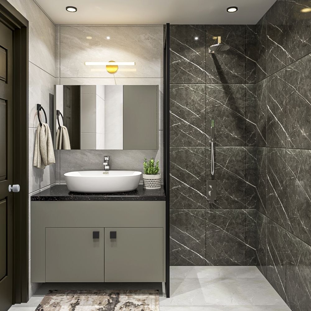 Modern Bathroom Design With Grey And Black Wall Tiles