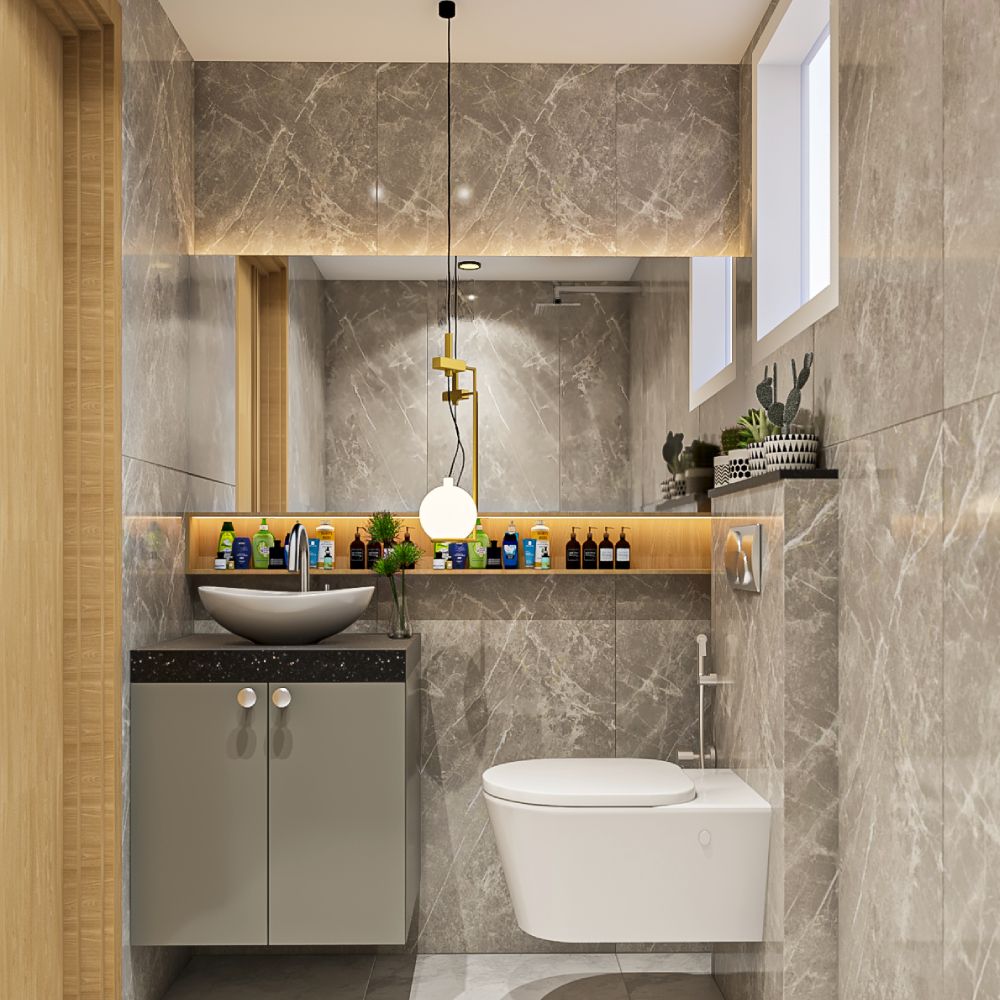 Contemporary Grey Bathroom Design With Wall-Mounted Vanity Unit